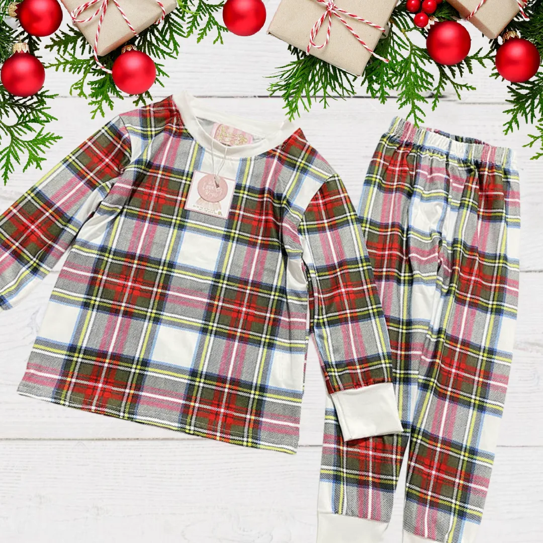 $10.00 EA - 8-9 X 2 - Kids 2 Pc Christmas Pajamas - Stuart Tartan Holiday Plaid