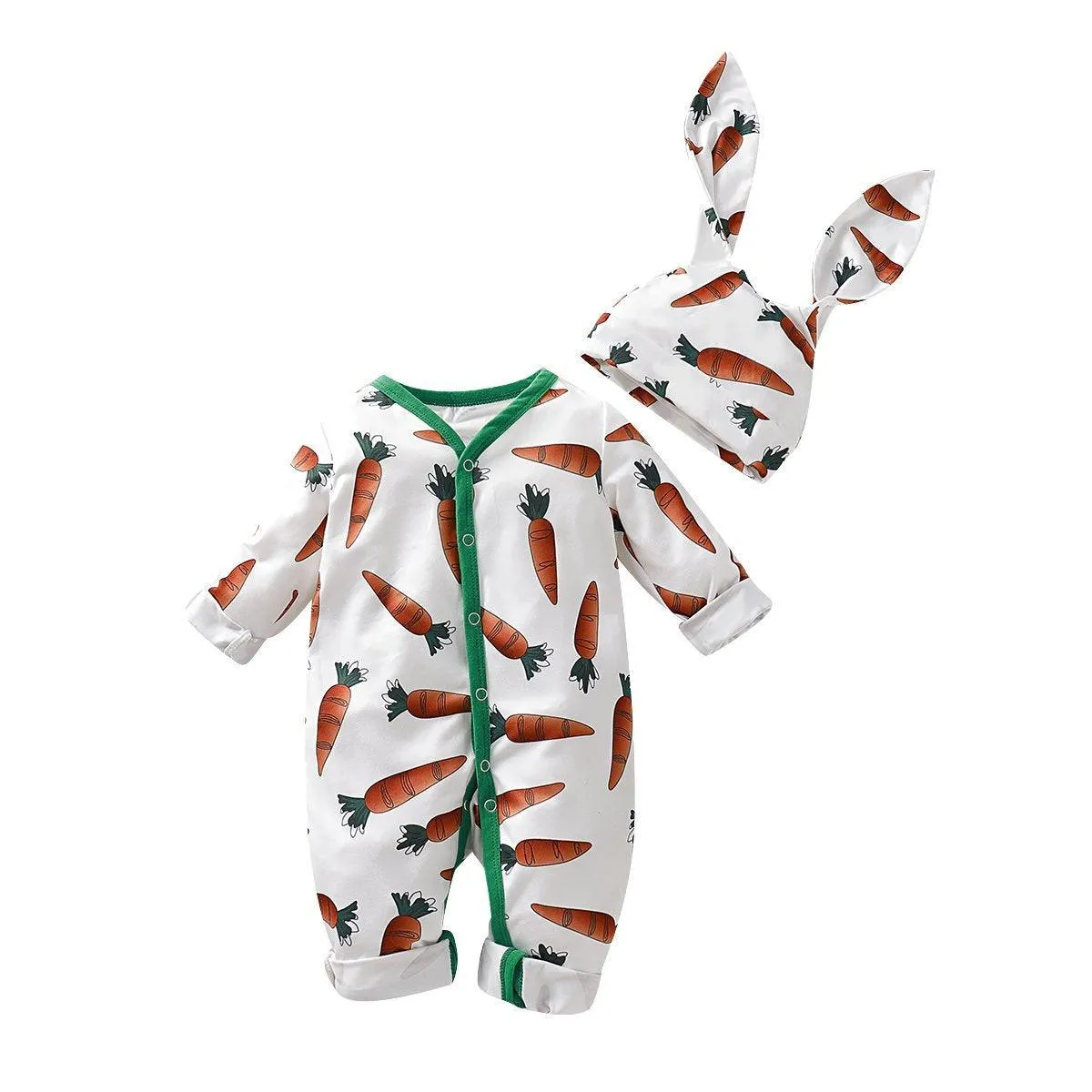 2-piece Carrot Printed Jumpsuit & 3D Design Hat for Baby Girl Children's clothing wholesale