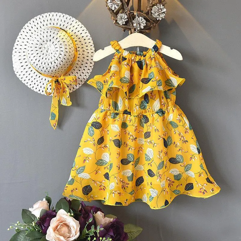 2-piece Floral Printed Dress & Sun Hat for Toddler Girl Wholesale children's clothing