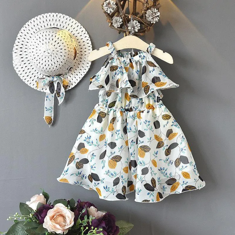 2-piece Floral Printed Dress & Sun Hat for Toddler Girl Wholesale children's clothing