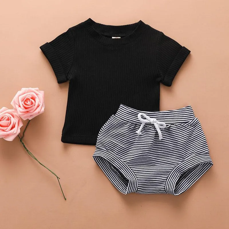 2-piece Solid Knit T-shirt & Striped Shorts for Baby