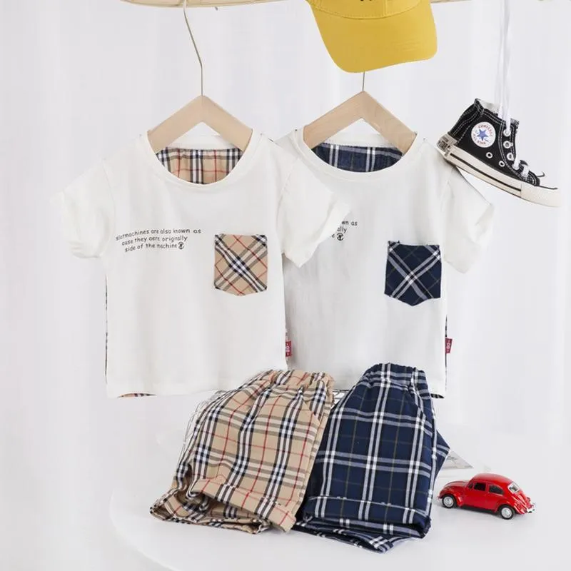 2 Pieces Plaid Pocket Color-block Suit Children's clothing wholesale