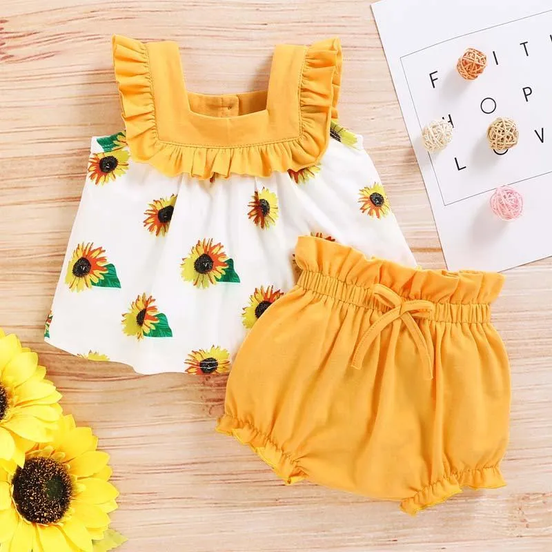 2-Pieces Sunflower Print suit For Toddler Girls