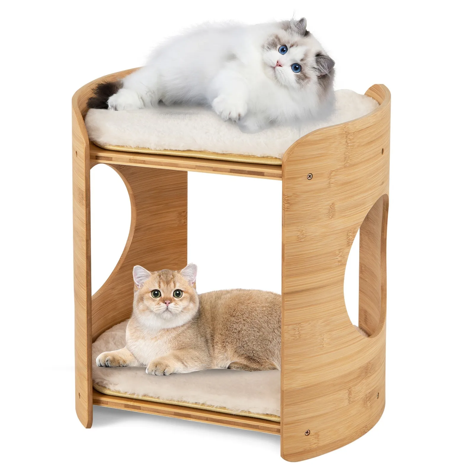 2-Tier Elevated Cat Bed Cat Tower with Natural Bamboo Frame-Natural &amp; White