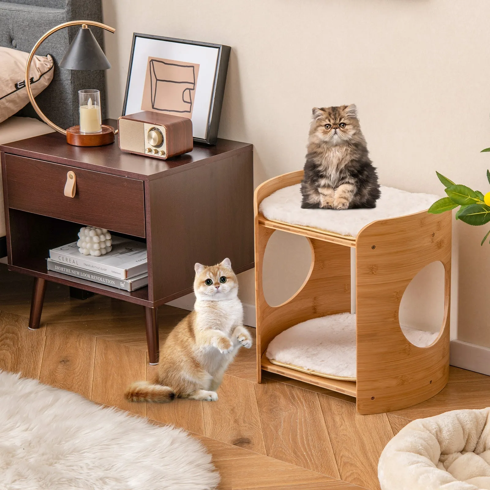 2-Tier Elevated Cat Bed Cat Tower with Natural Bamboo Frame-Natural &amp; White