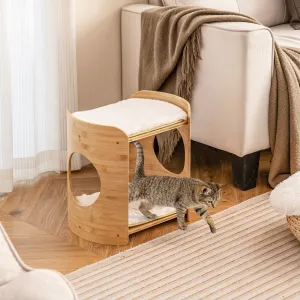 2-Tier Elevated Cat Bed Cat Tower with Natural Bamboo Frame-Natural &amp; White