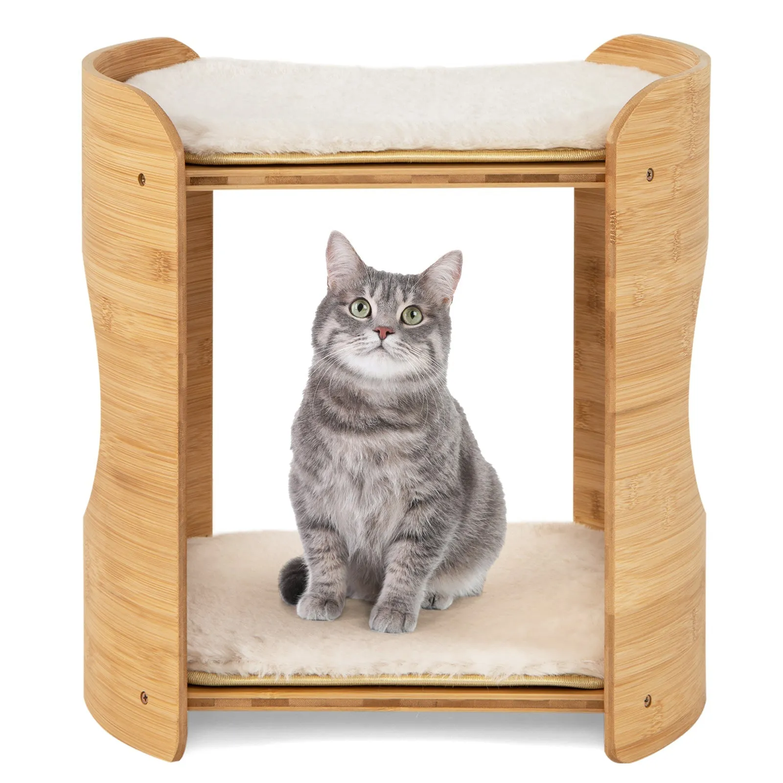 2-Tier Elevated Cat Bed Cat Tower with Natural Bamboo Frame-Natural &amp; White