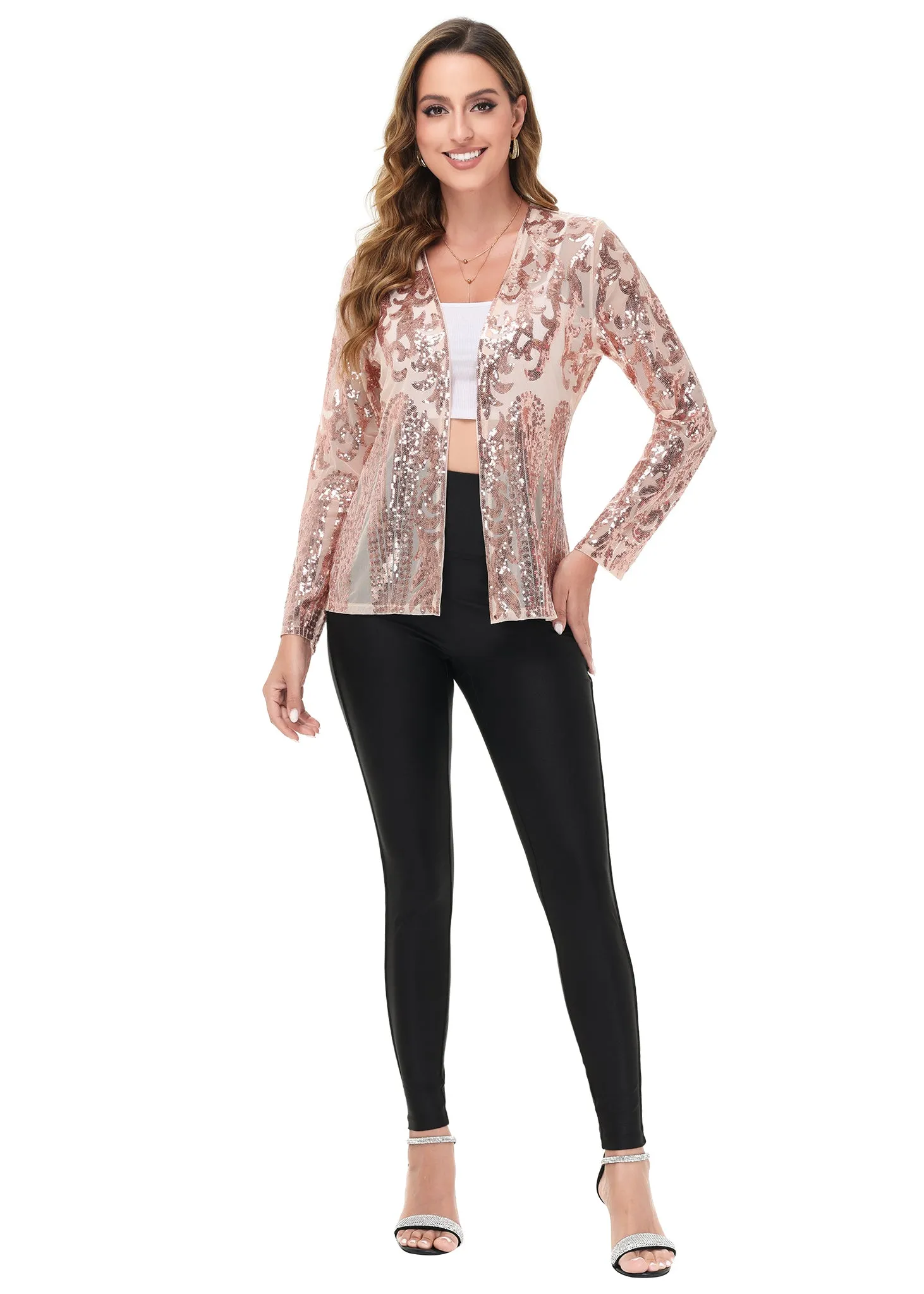 Anna-Kaci Women's Sparkly Sequin Cardigan Long Sleeve Open Front Glitter Party Evening Jacket