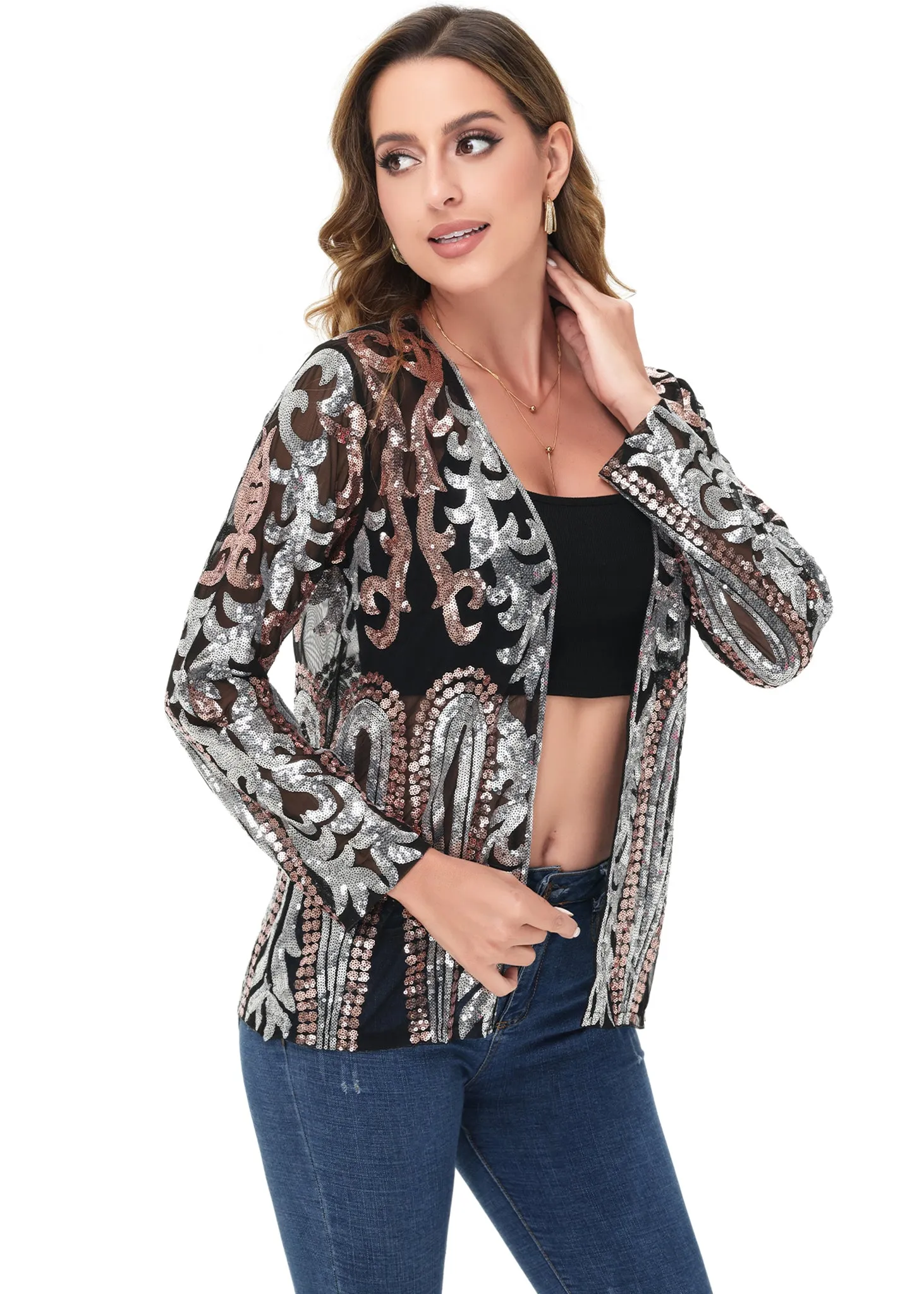 Anna-Kaci Women's Sparkly Sequin Cardigan Long Sleeve Open Front Glitter Party Evening Jacket