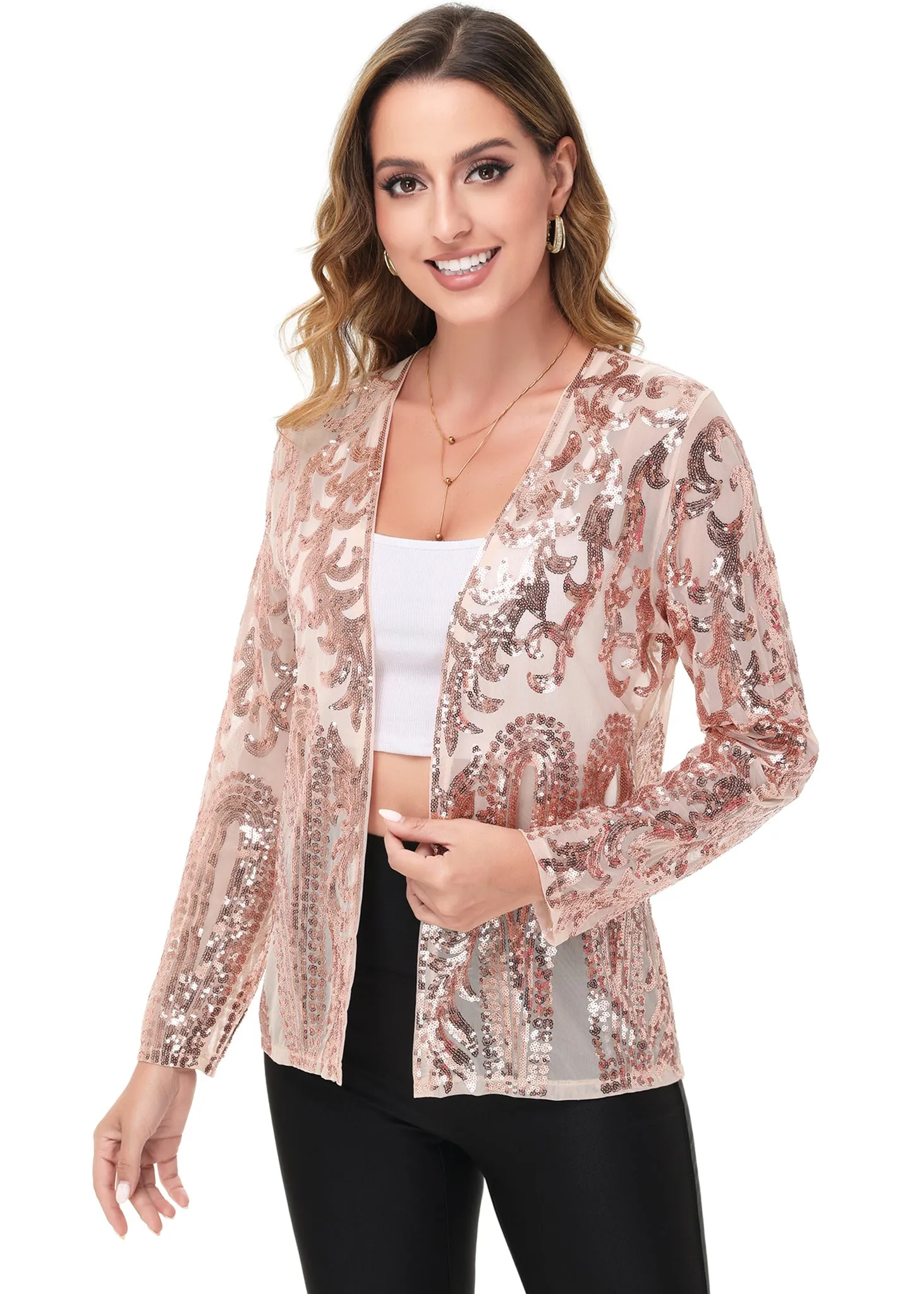 Anna-Kaci Women's Sparkly Sequin Cardigan Long Sleeve Open Front Glitter Party Evening Jacket