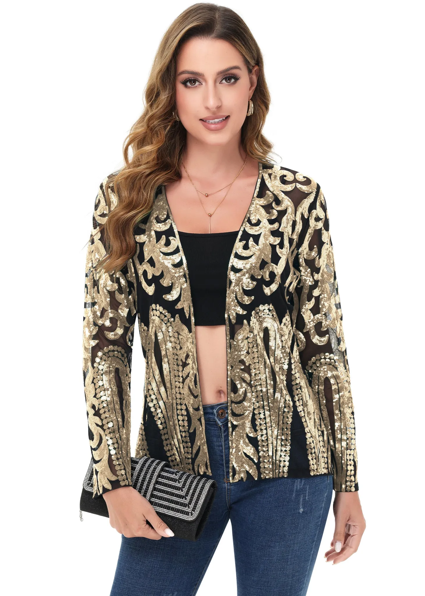 Anna-Kaci Women's Sparkly Sequin Cardigan Long Sleeve Open Front Glitter Party Evening Jacket