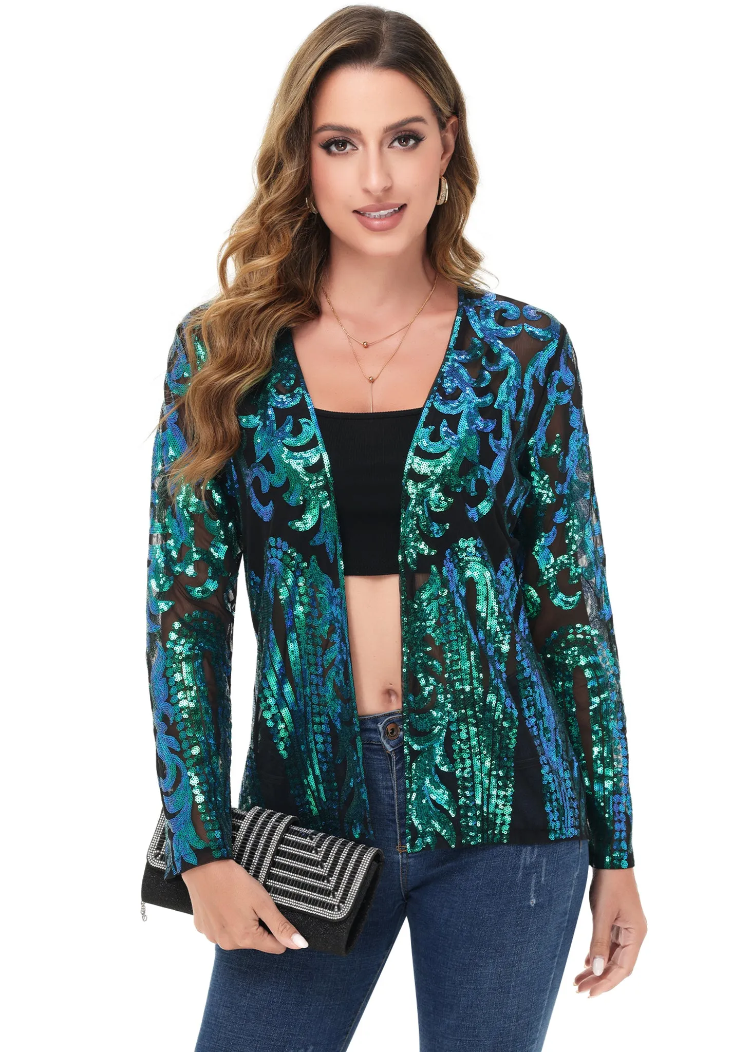 Anna-Kaci Women's Sparkly Sequin Cardigan Long Sleeve Open Front Glitter Party Evening Jacket