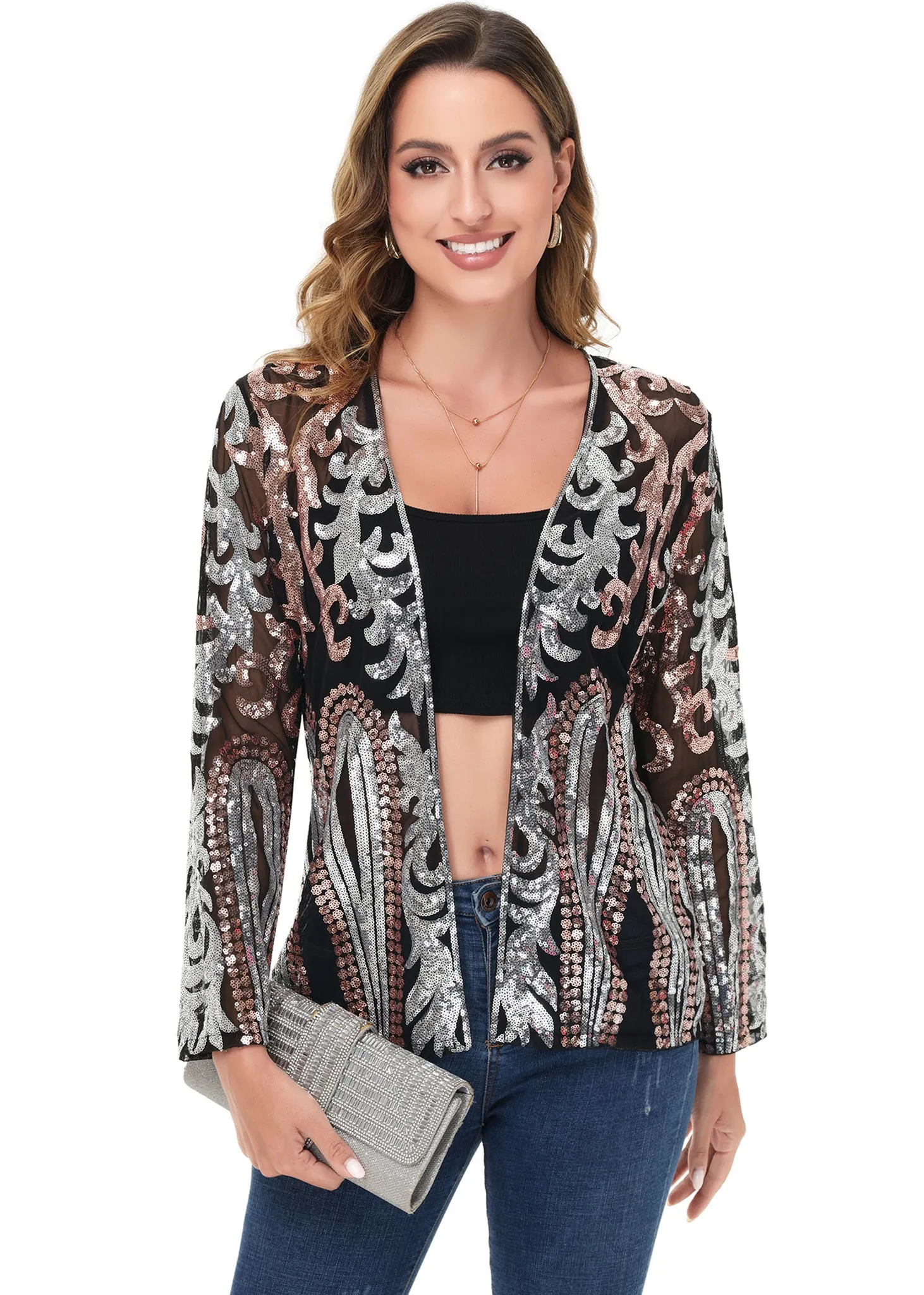 Anna-Kaci Women's Sparkly Sequin Cardigan Long Sleeve Open Front Glitter Party Evening Jacket