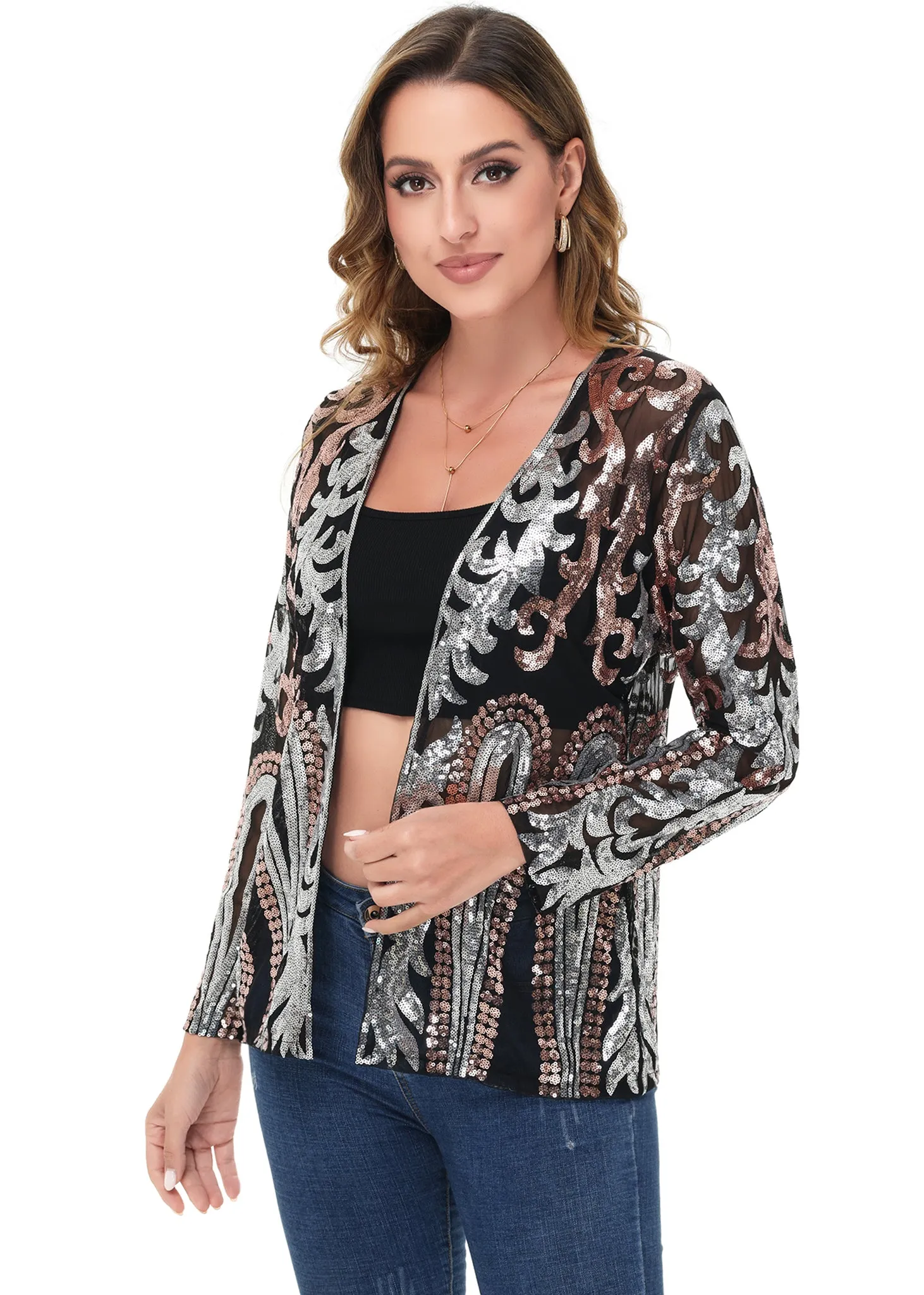 Anna-Kaci Women's Sparkly Sequin Cardigan Long Sleeve Open Front Glitter Party Evening Jacket