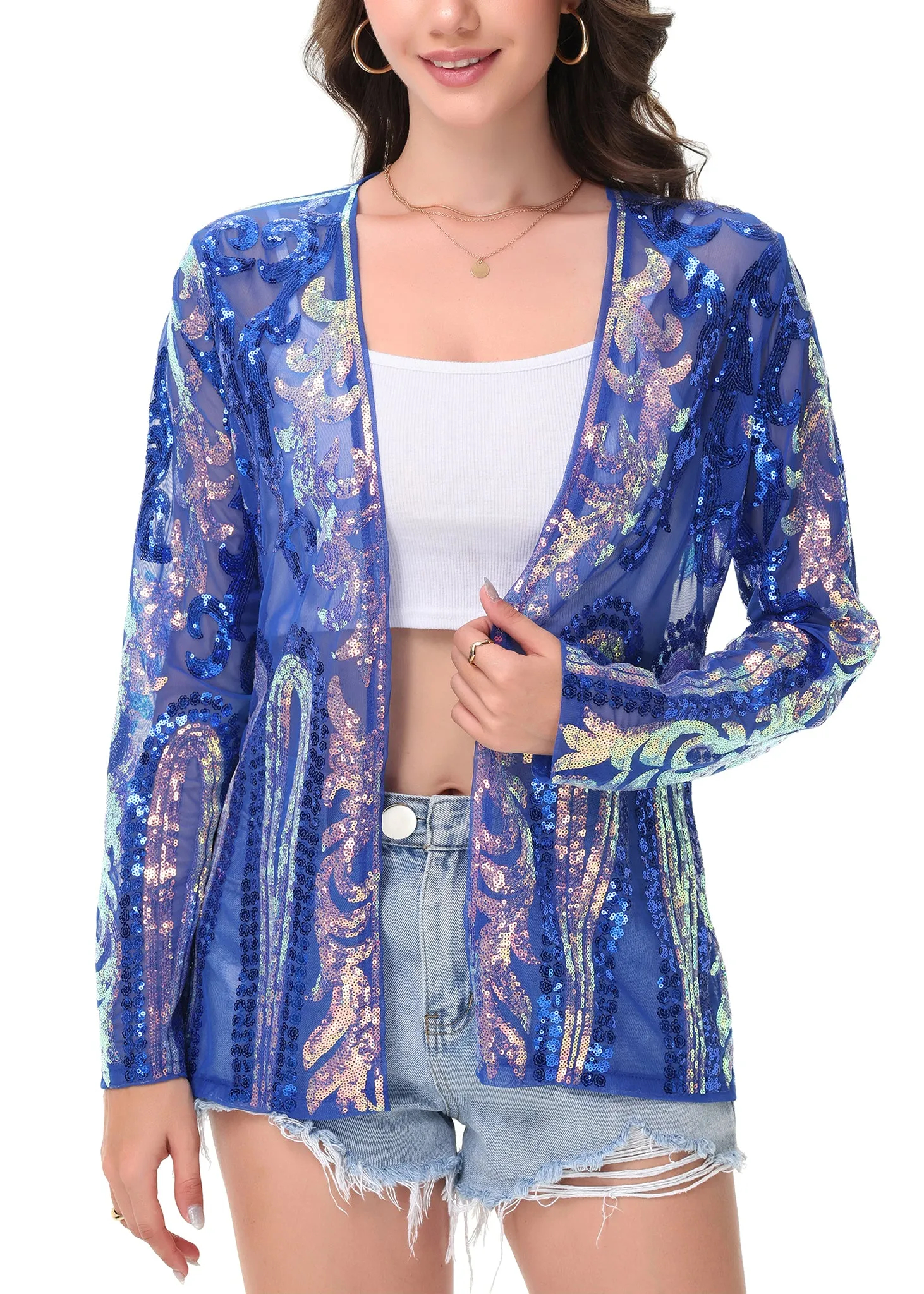 Anna-Kaci Women's Sparkly Sequin Cardigan Long Sleeve Open Front Glitter Party Evening Jacket