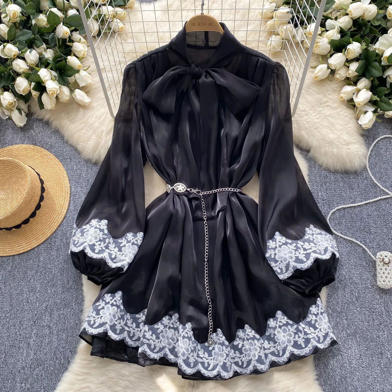 Bow-tie Lace Trim Soft Chiffon Dress