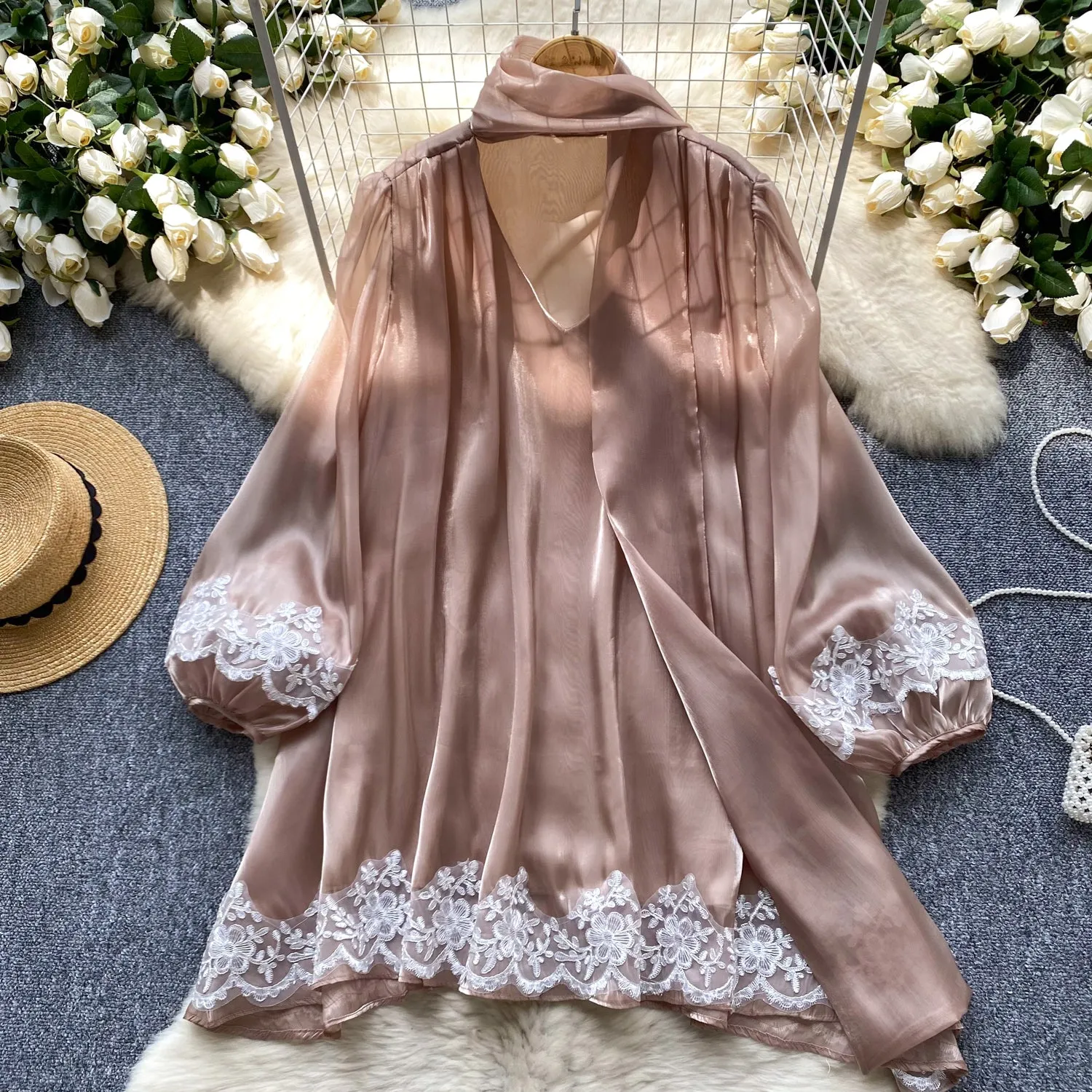 Bow-tie Lace Trim Soft Chiffon Dress