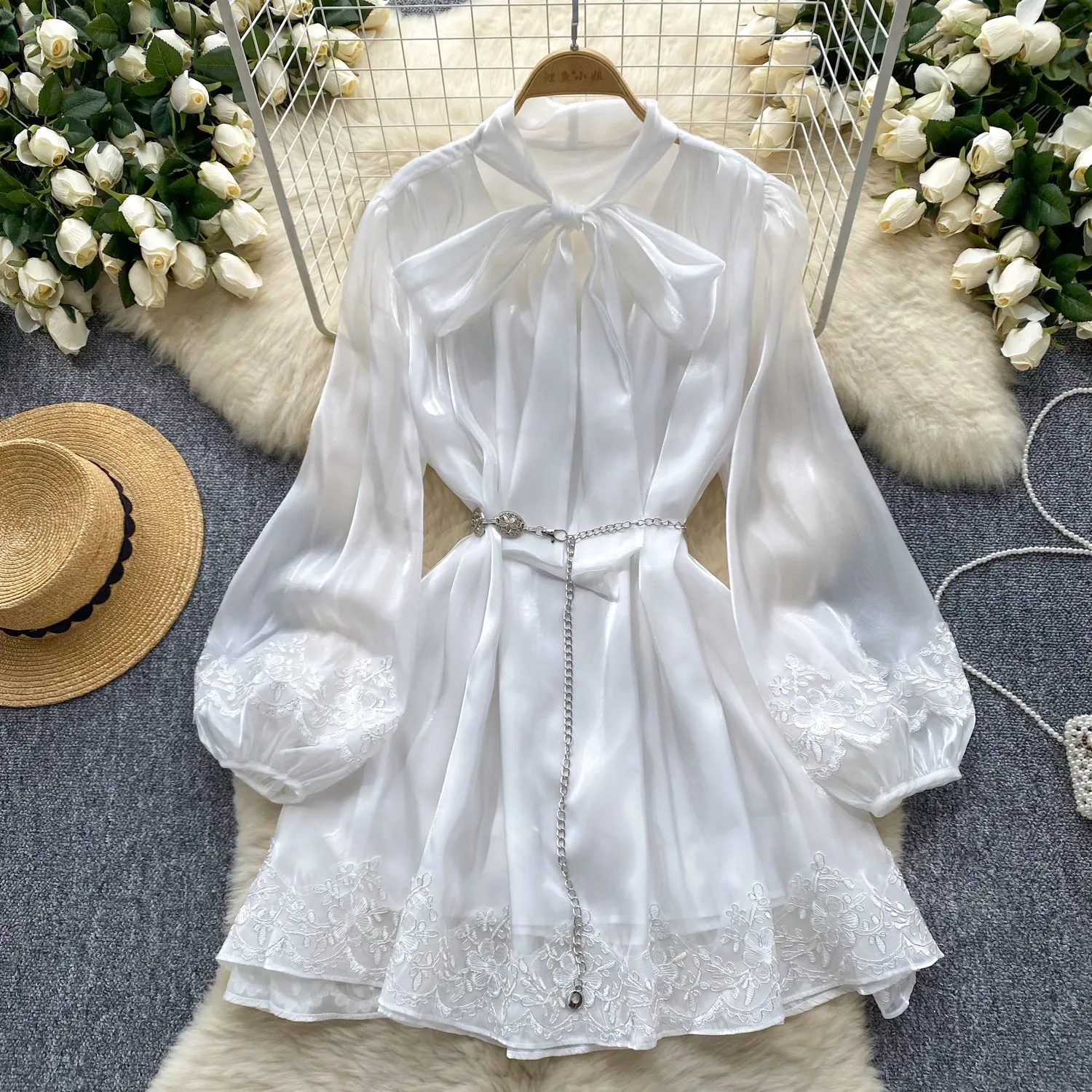 Bow-tie Lace Trim Soft Chiffon Dress