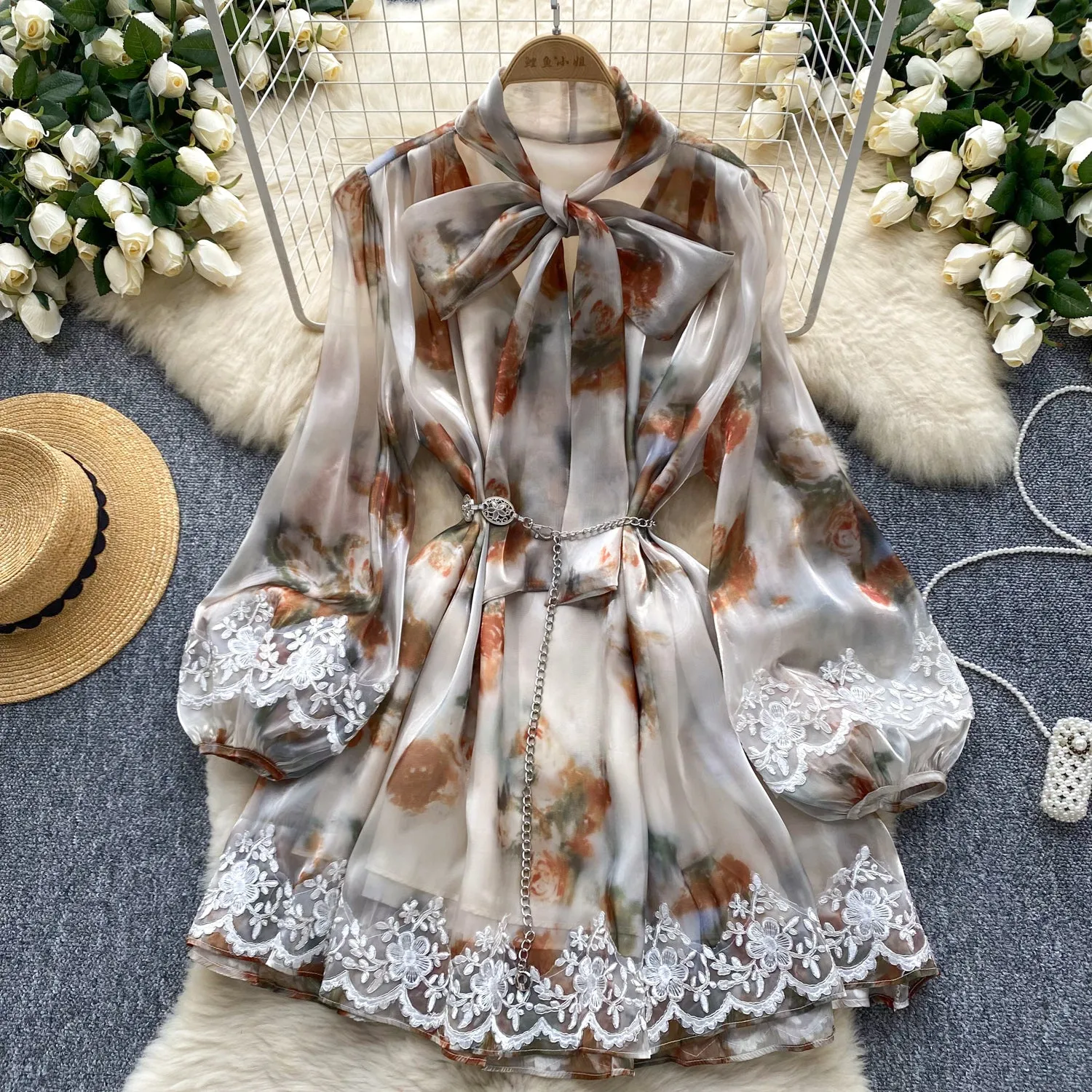 Bow-tie Lace Trim Soft Chiffon Dress