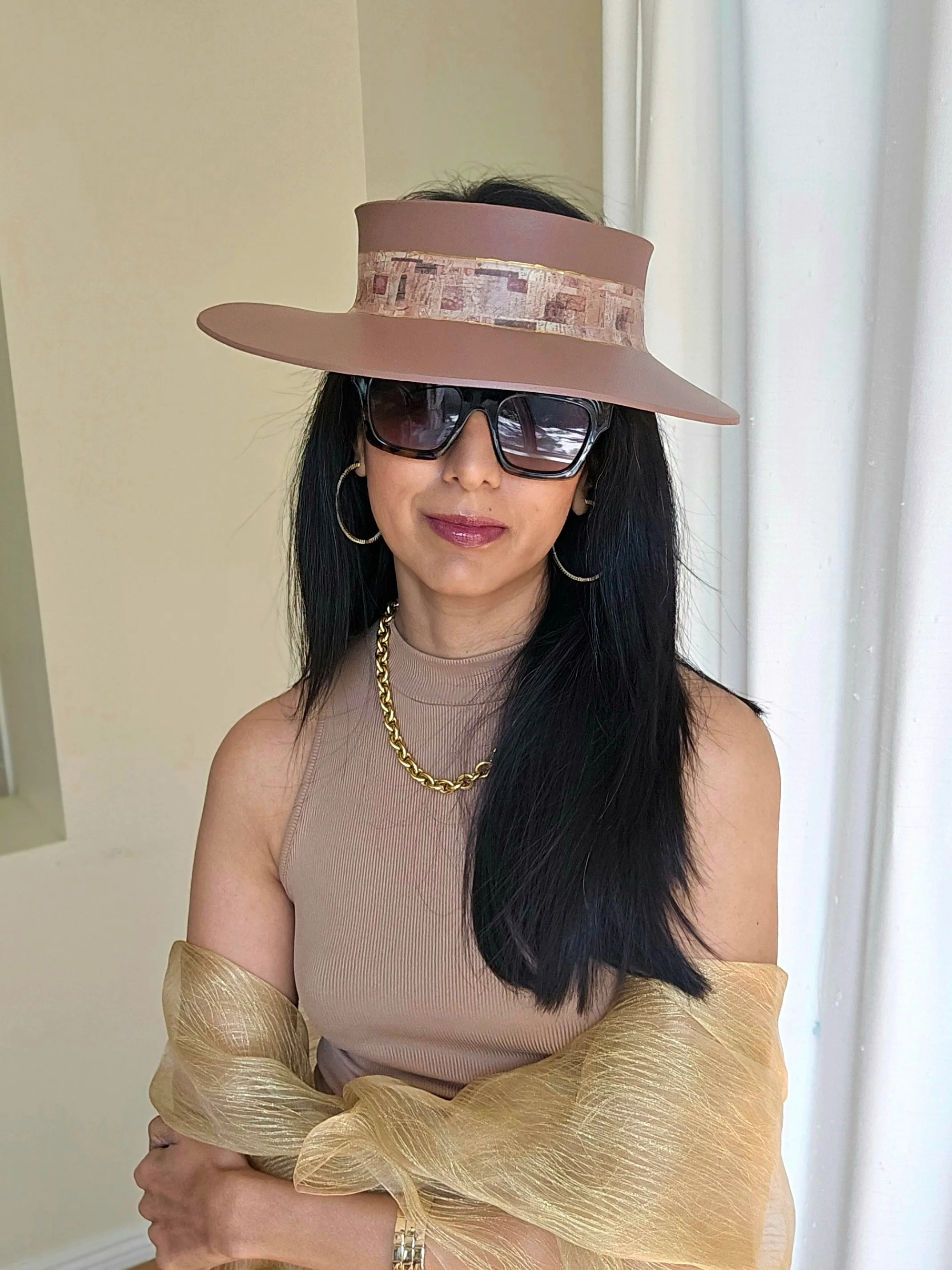 Brown "LadyEVA" Visor Hat with Warm Brown Collage Style Band