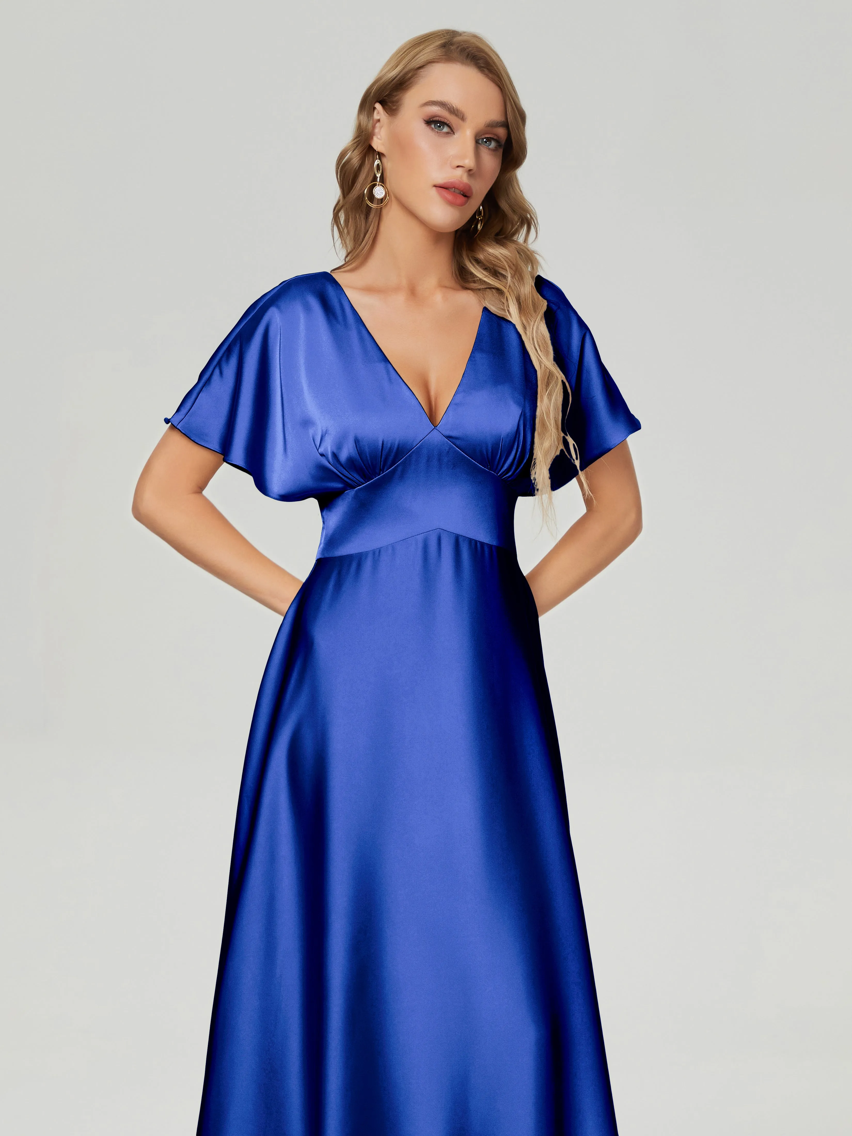 Cap Sleeves Soft Satin Prom Dresses