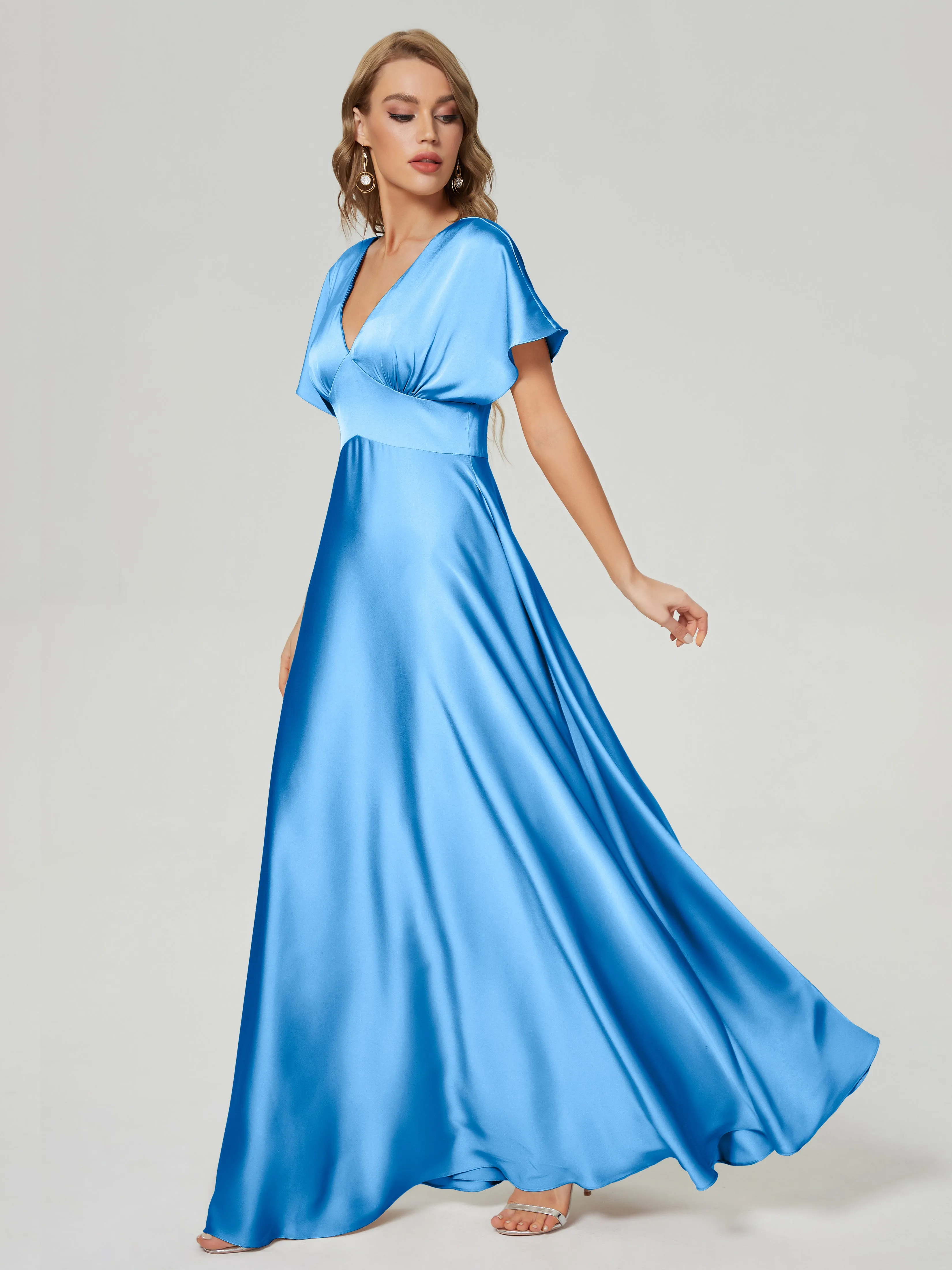 Cap Sleeves Soft Satin Prom Dresses