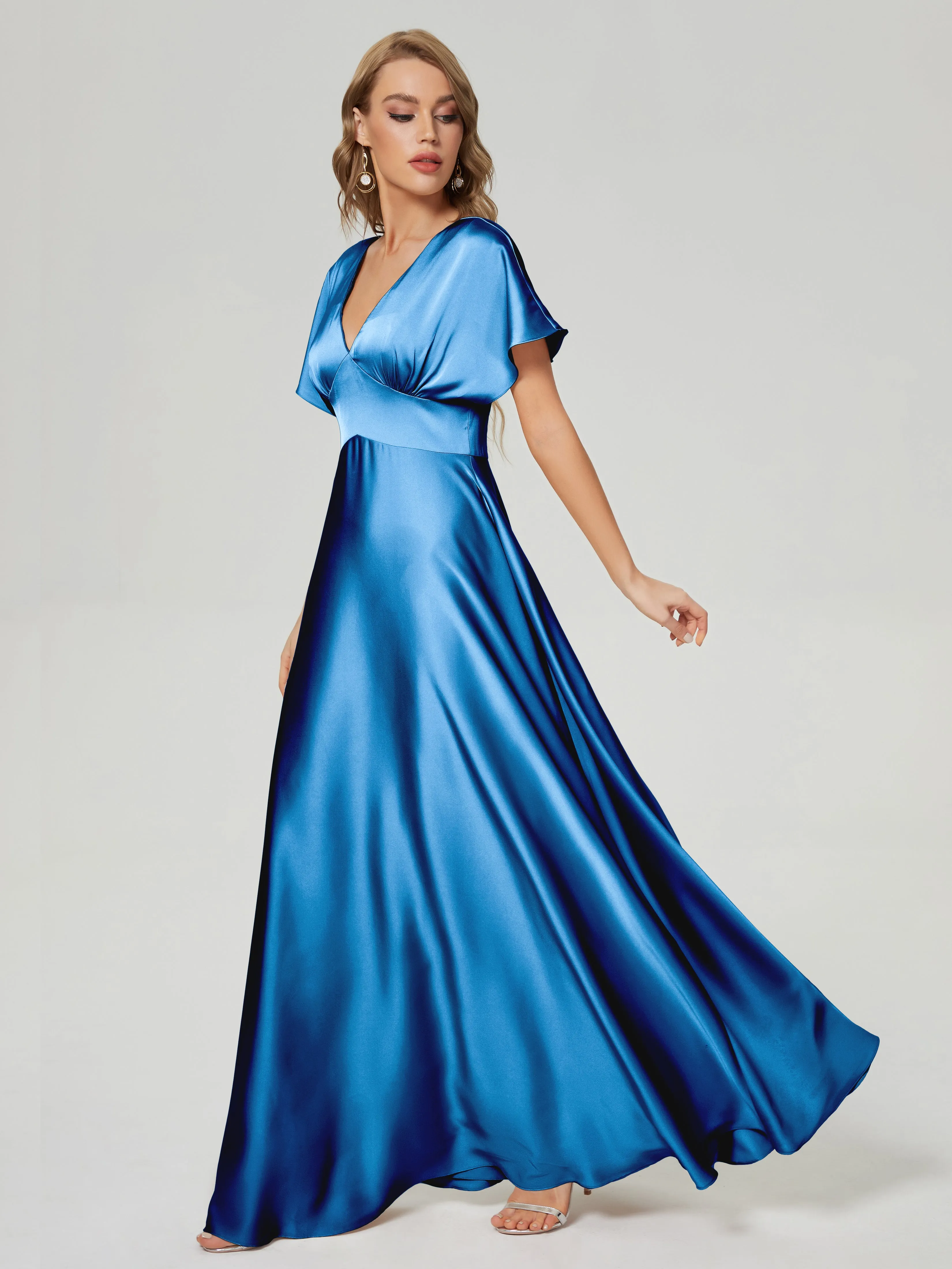 Cap Sleeves Soft Satin Prom Dresses