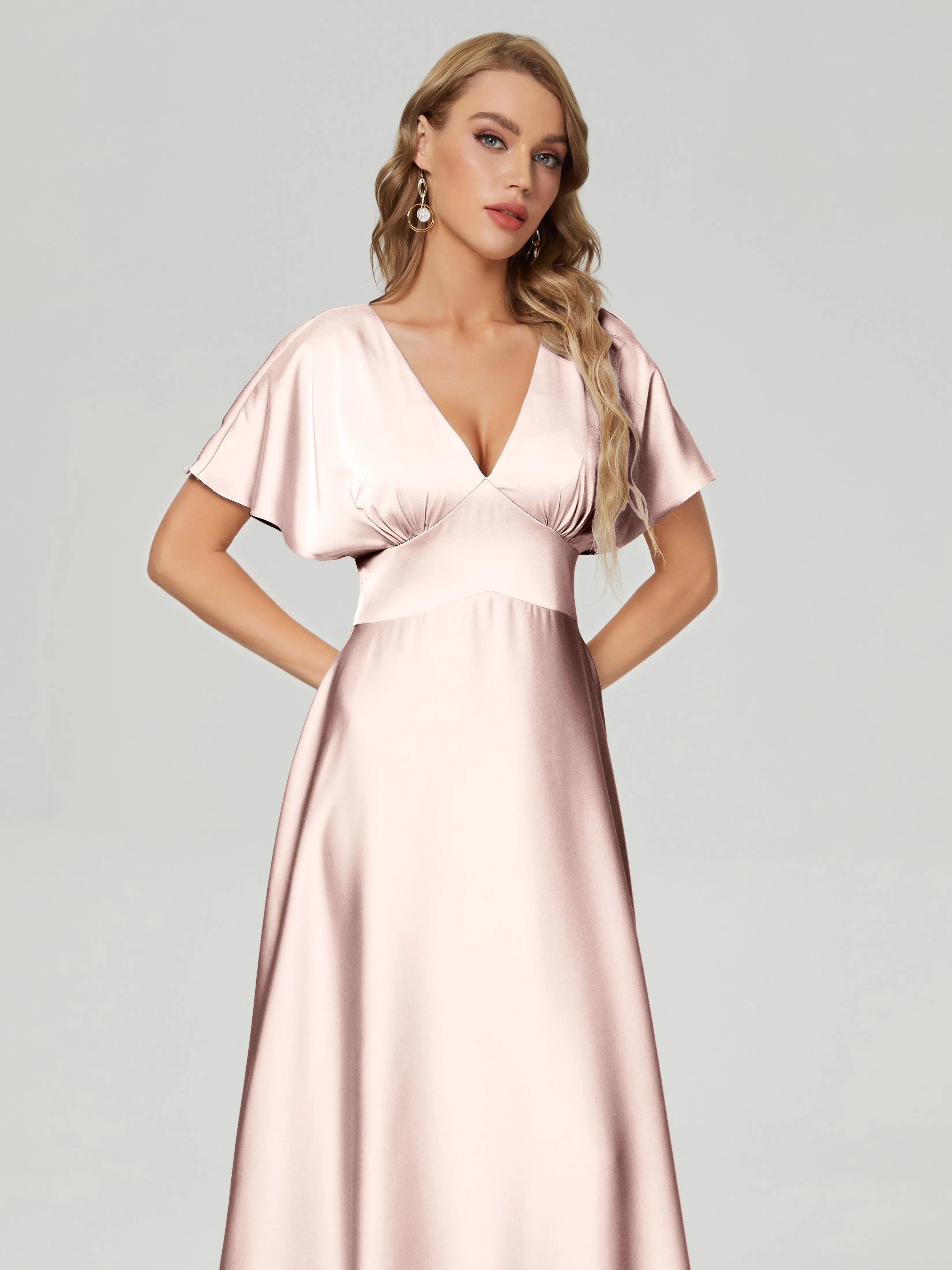 Cap Sleeves Soft Satin Prom Dresses