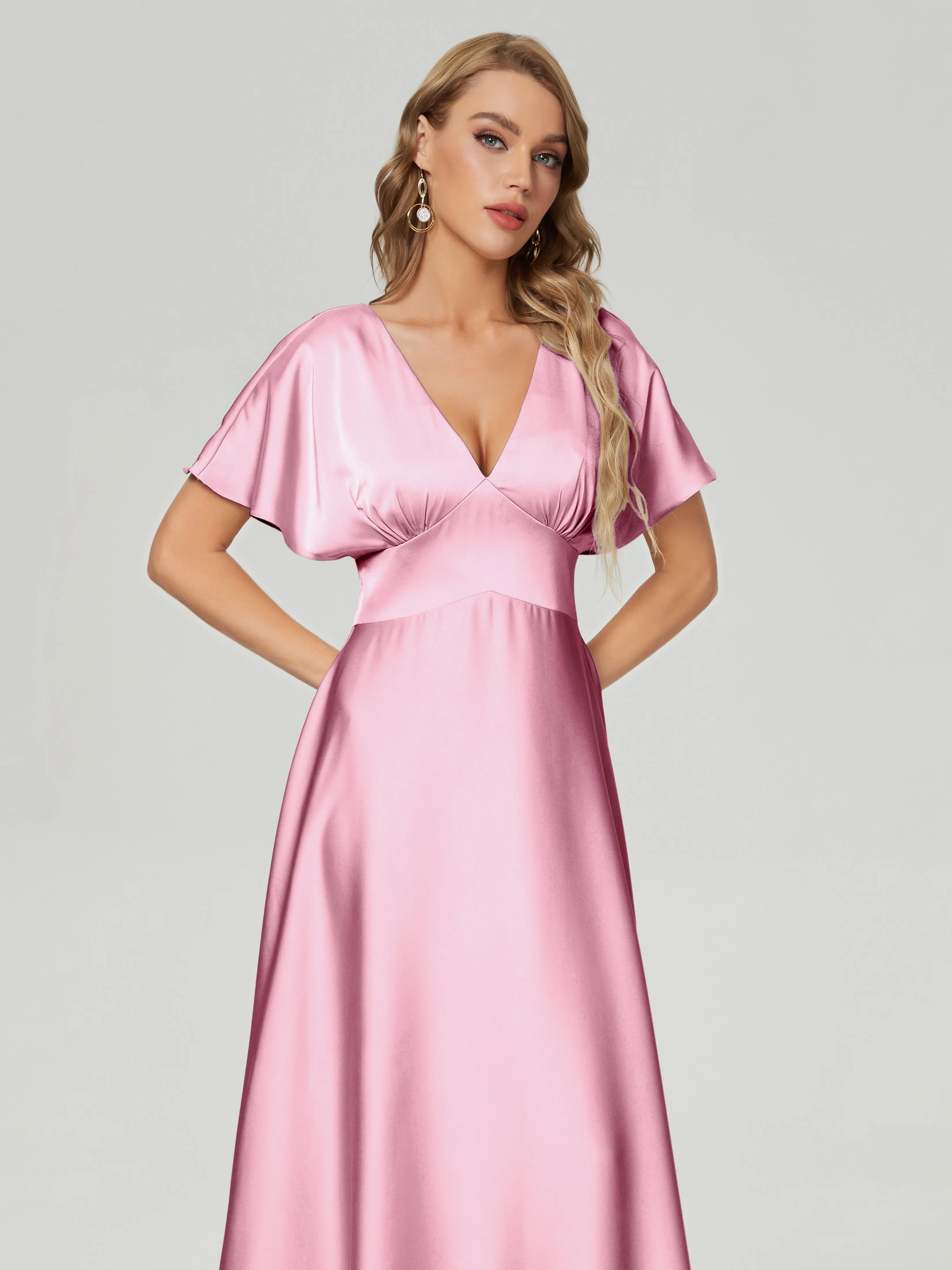 Cap Sleeves Soft Satin Prom Dresses