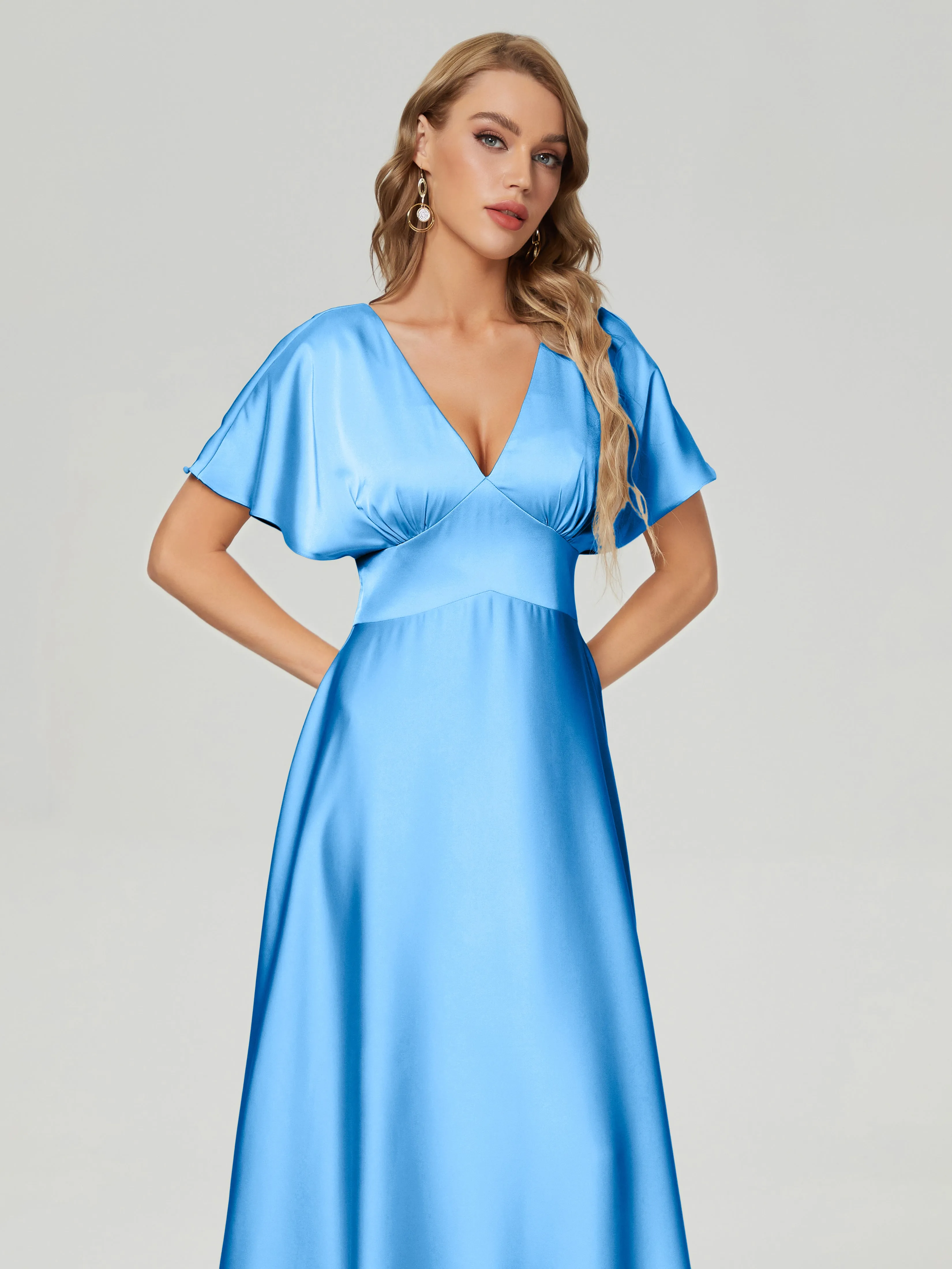 Cap Sleeves Soft Satin Prom Dresses