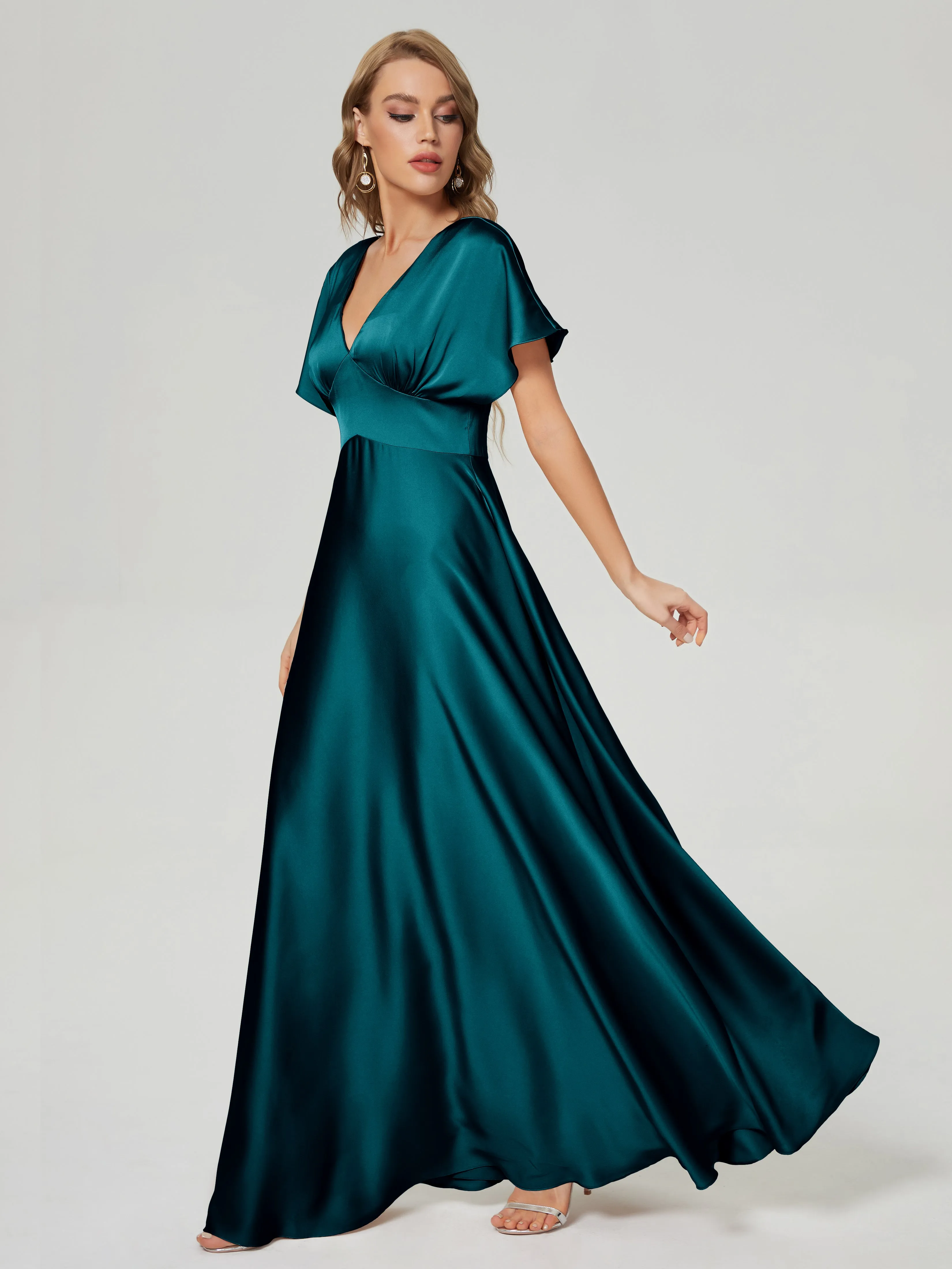 Cap Sleeves Soft Satin Prom Dresses