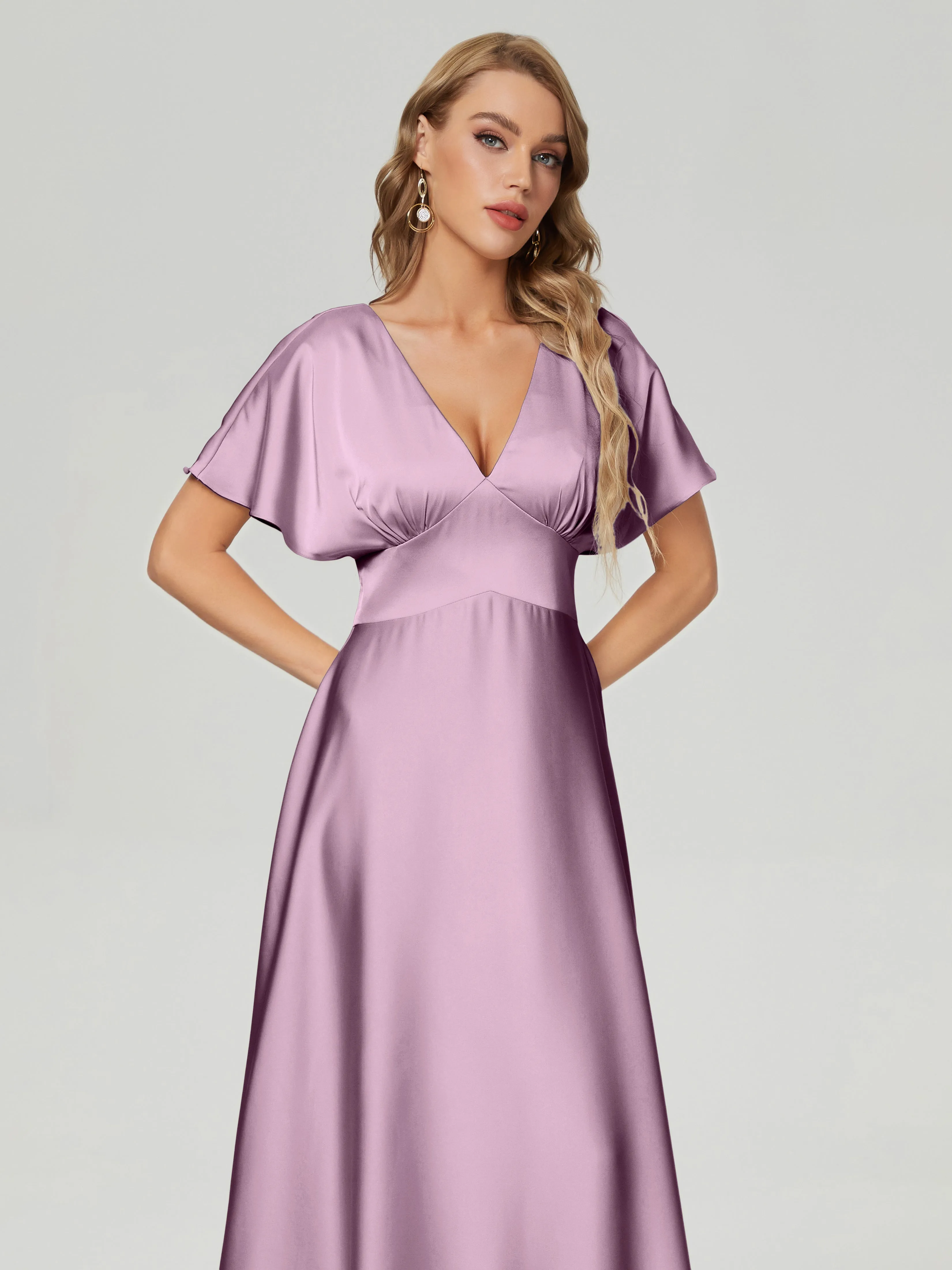 Cap Sleeves Soft Satin Prom Dresses