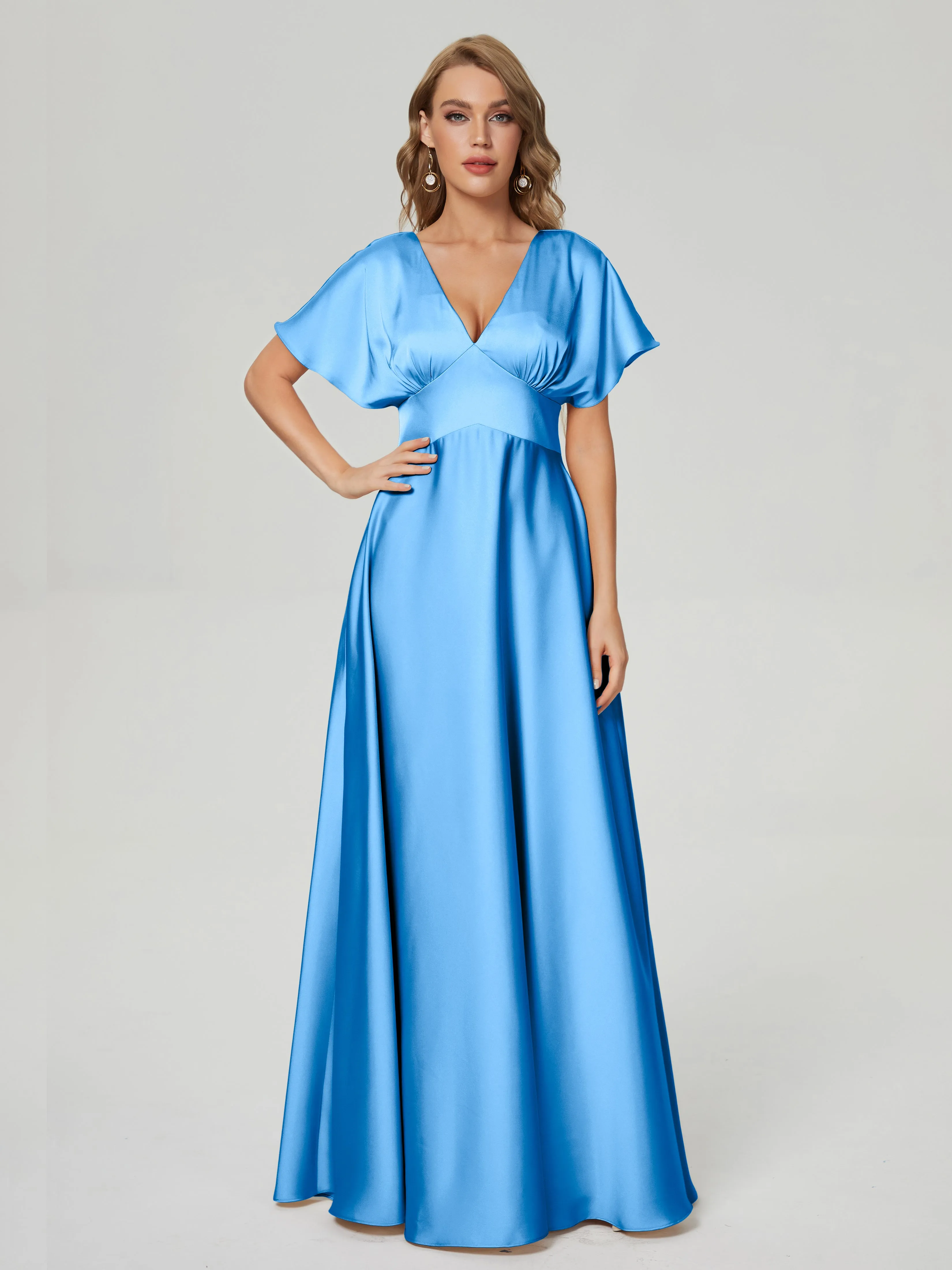 Cap Sleeves Soft Satin Prom Dresses