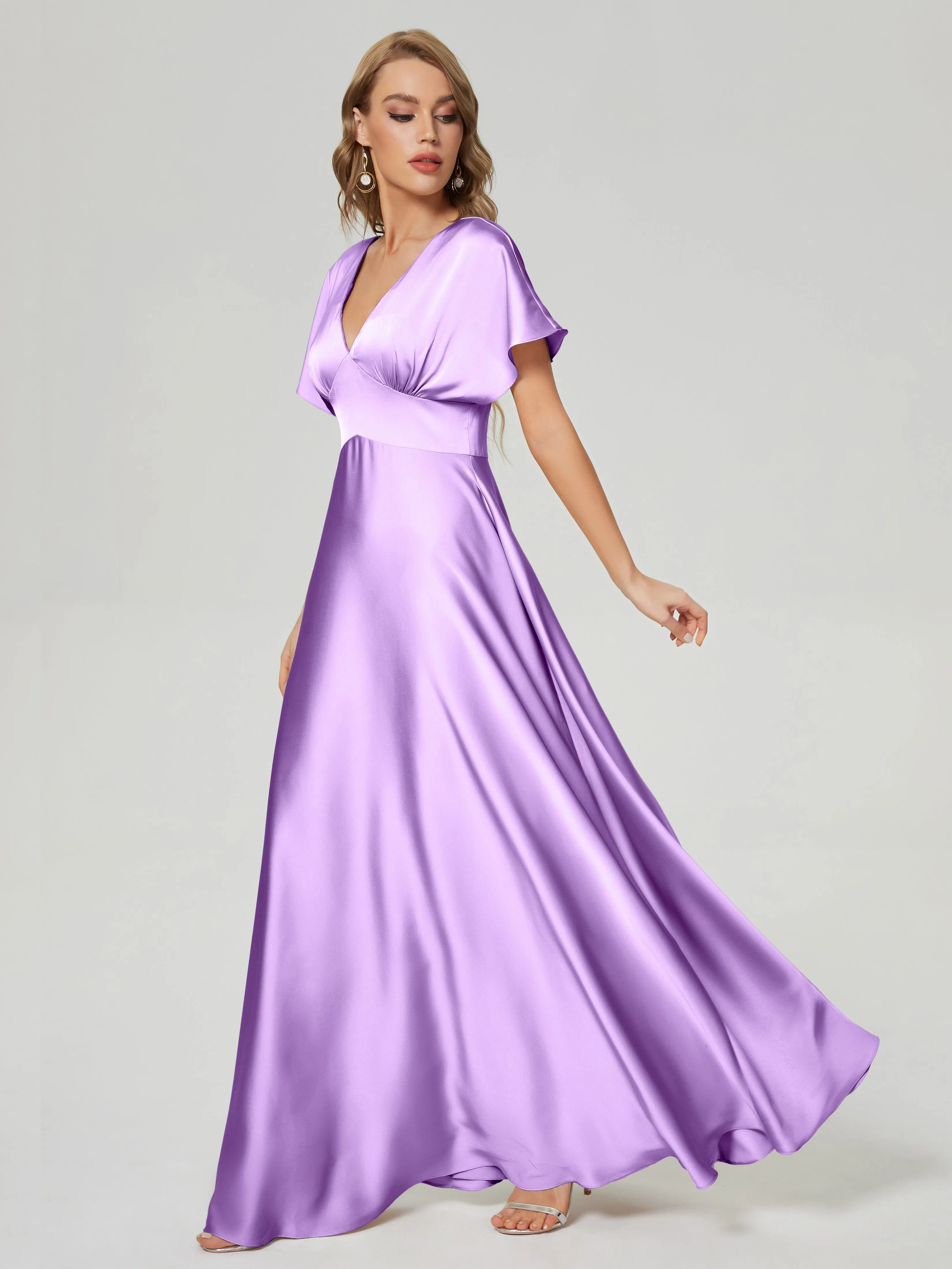 Cap Sleeves Soft Satin Prom Dresses