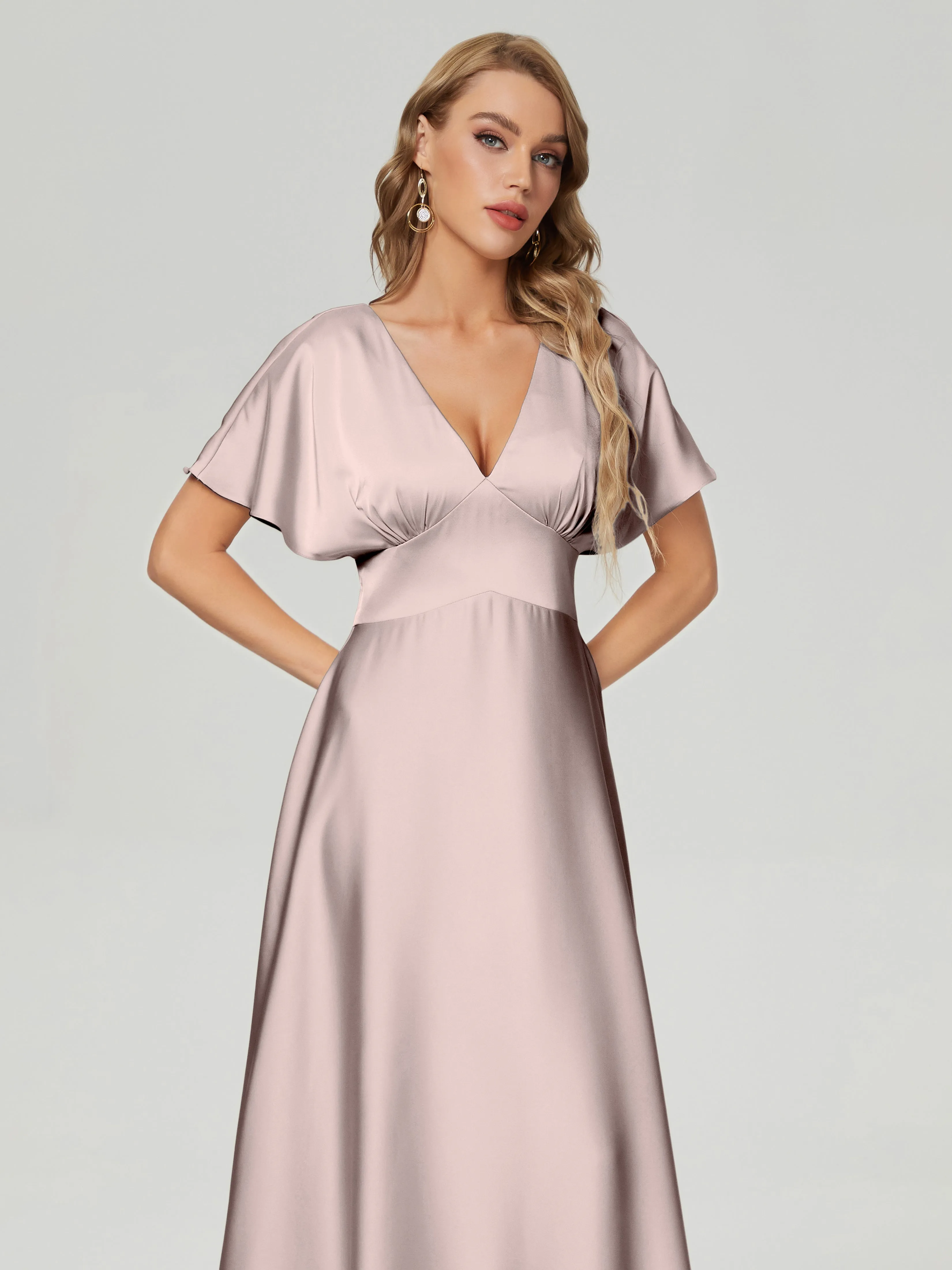 Cap Sleeves Soft Satin Prom Dresses