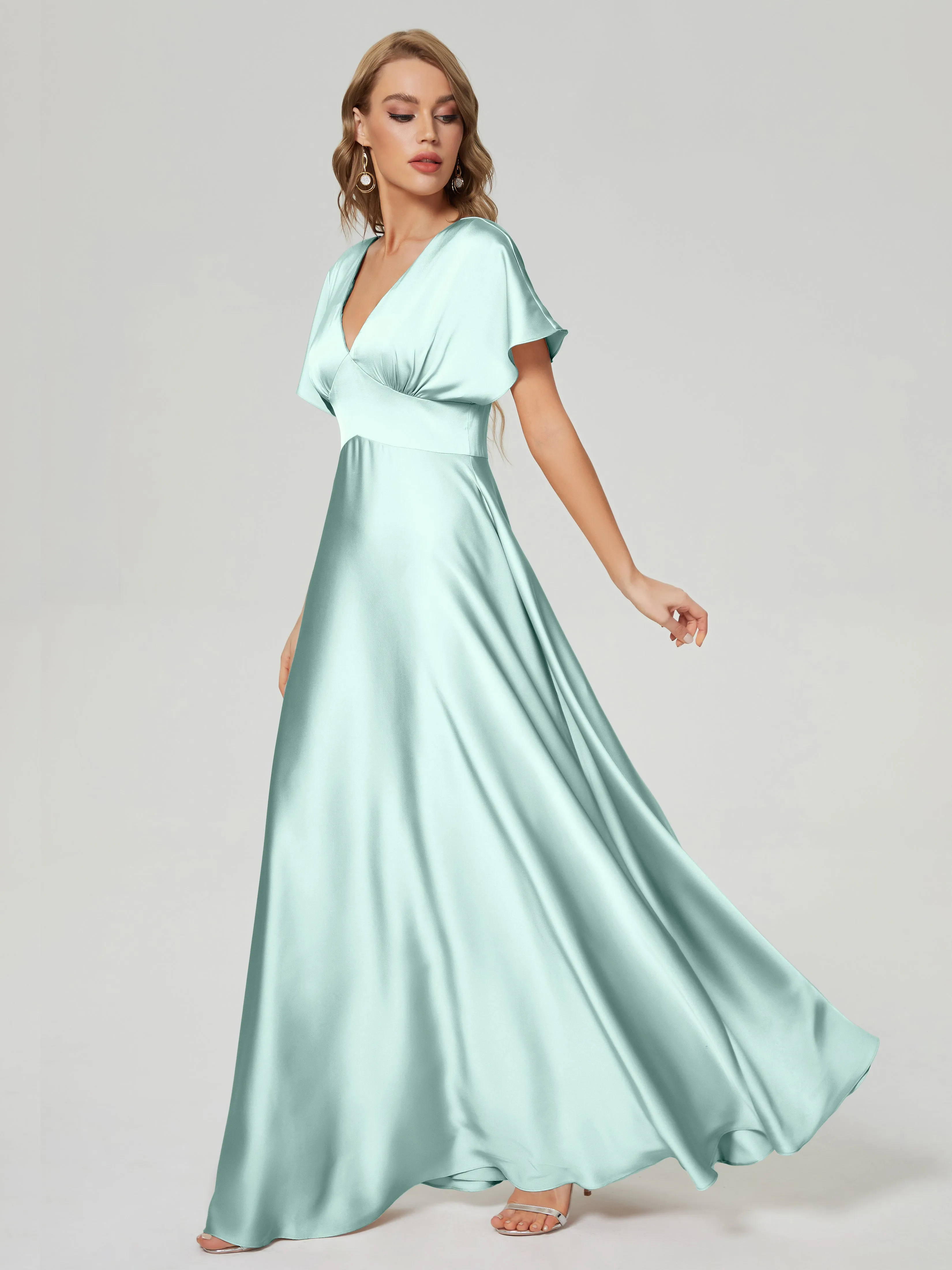 Cap Sleeves Soft Satin Prom Dresses