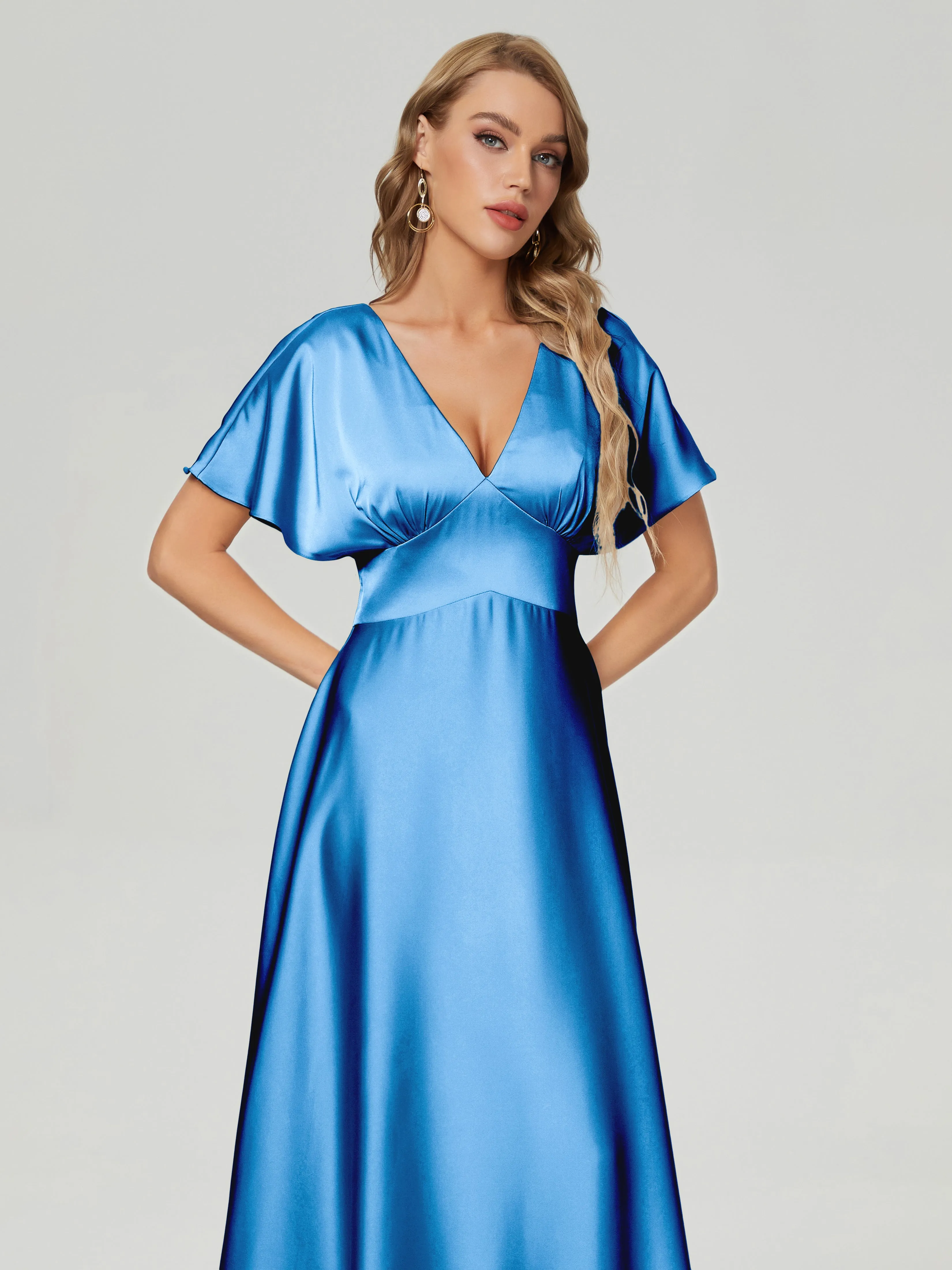 Cap Sleeves Soft Satin Prom Dresses