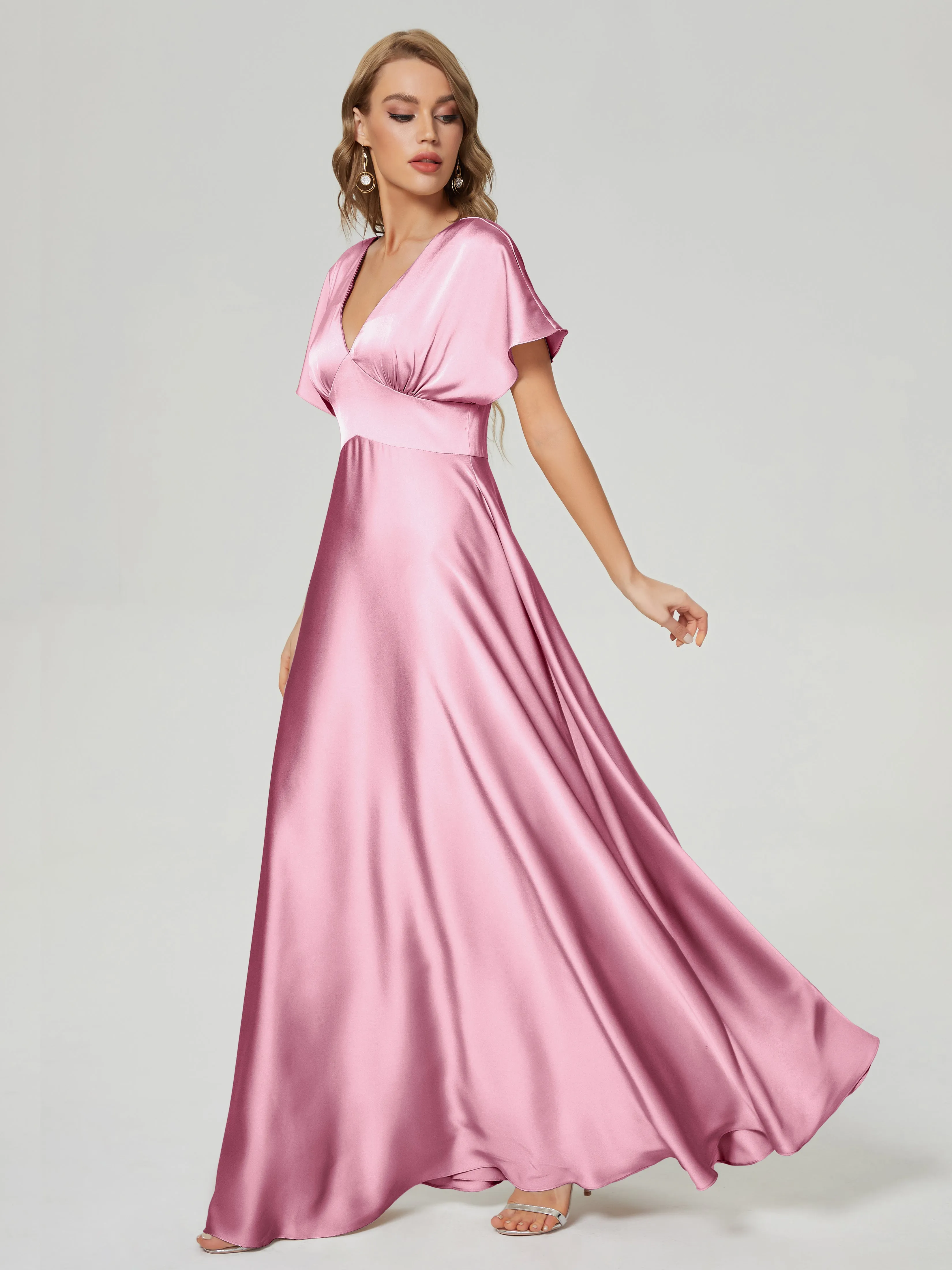 Cap Sleeves Soft Satin Prom Dresses