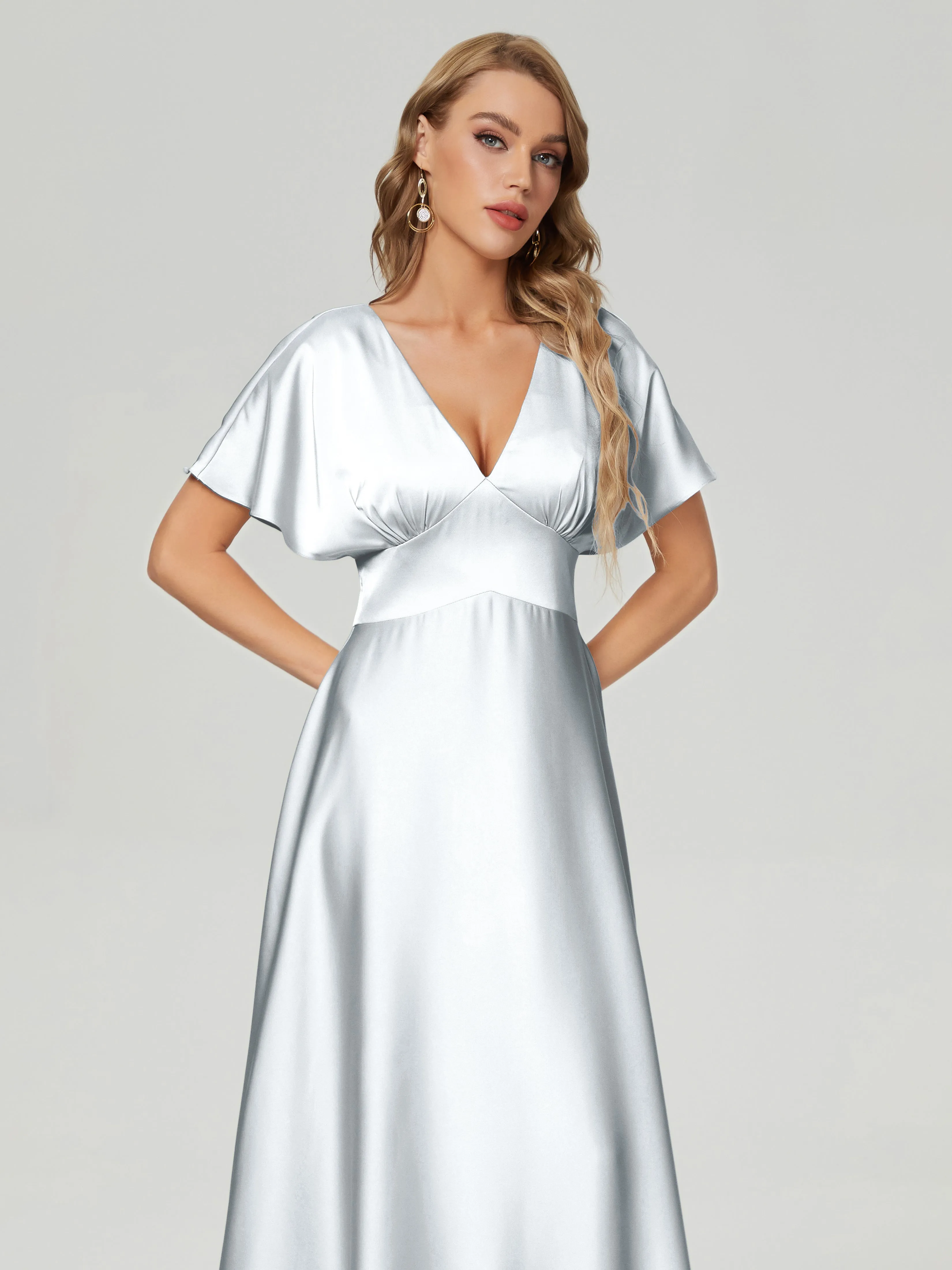 Cap Sleeves Soft Satin Prom Dresses