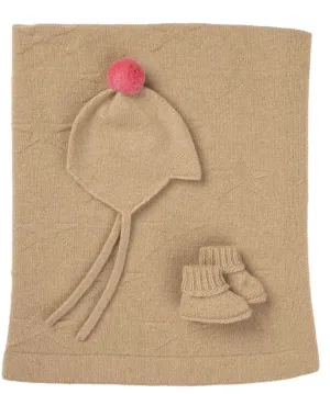 Cashmere 3 Piece Baby Set - Blanket, Booties and Hat - Camel