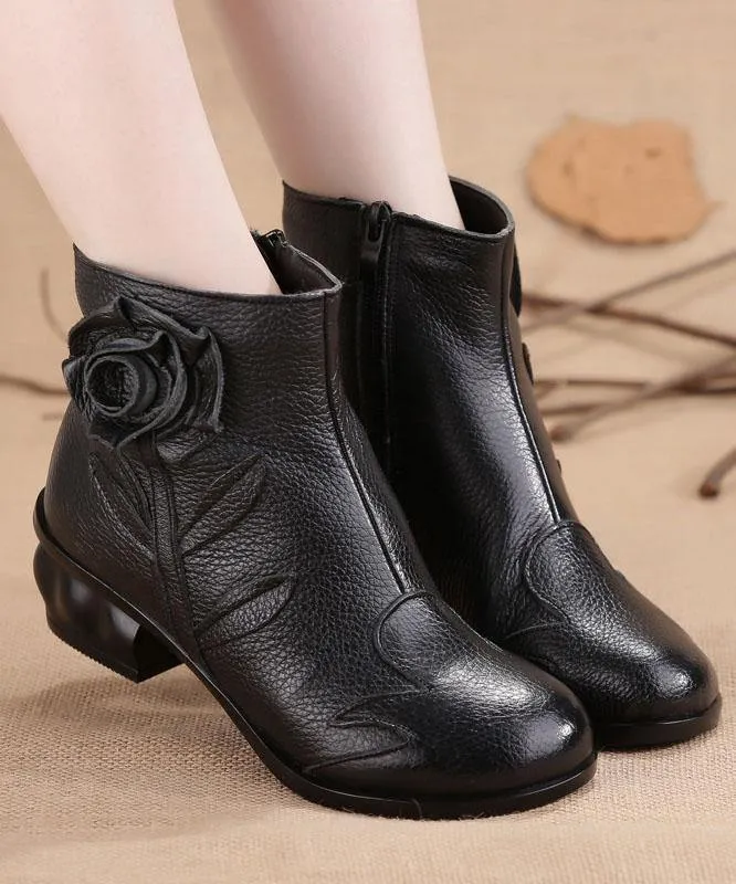 Comfortable Splicing Chunky Boots Black Cowhide Leather