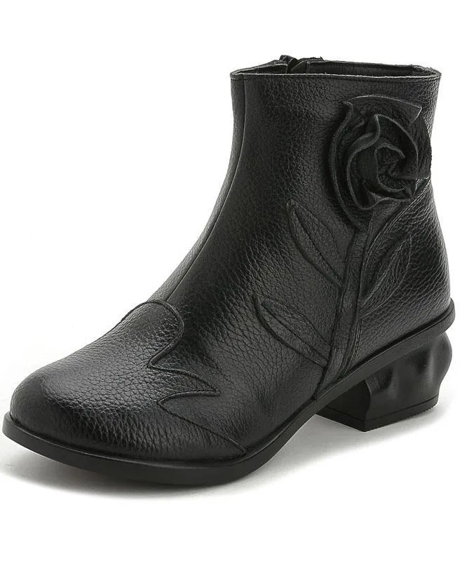 Comfortable Splicing Chunky Boots Black Cowhide Leather