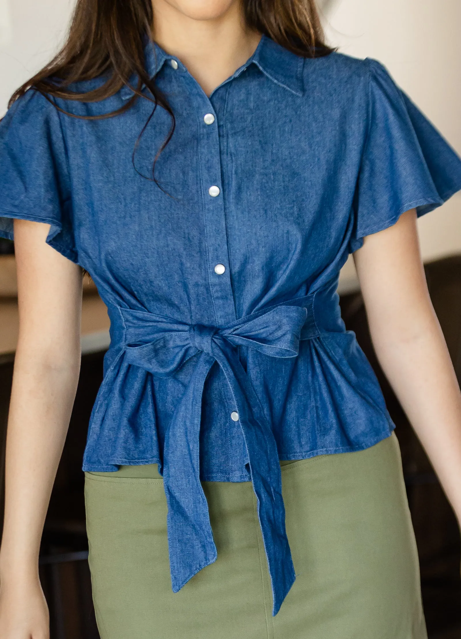 Denim Flutter Sleeve Front Tie Shirt - FINAL SALE