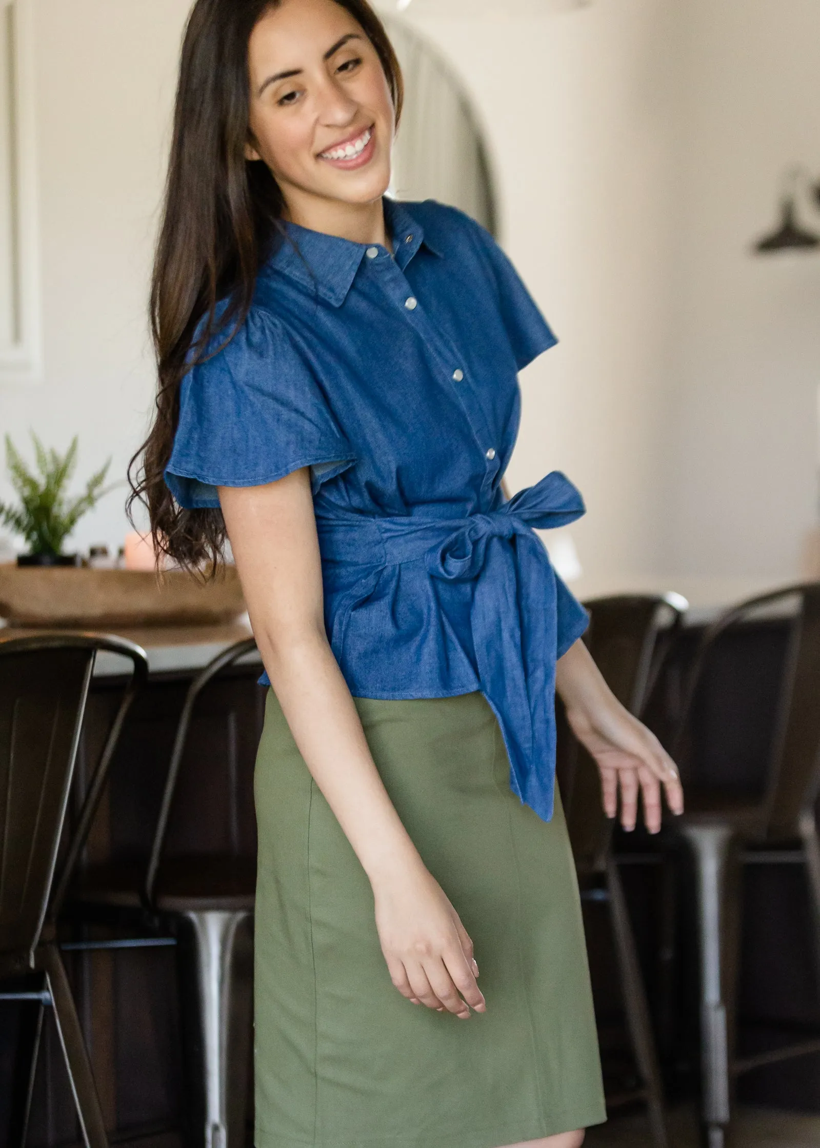 Denim Flutter Sleeve Front Tie Shirt - FINAL SALE