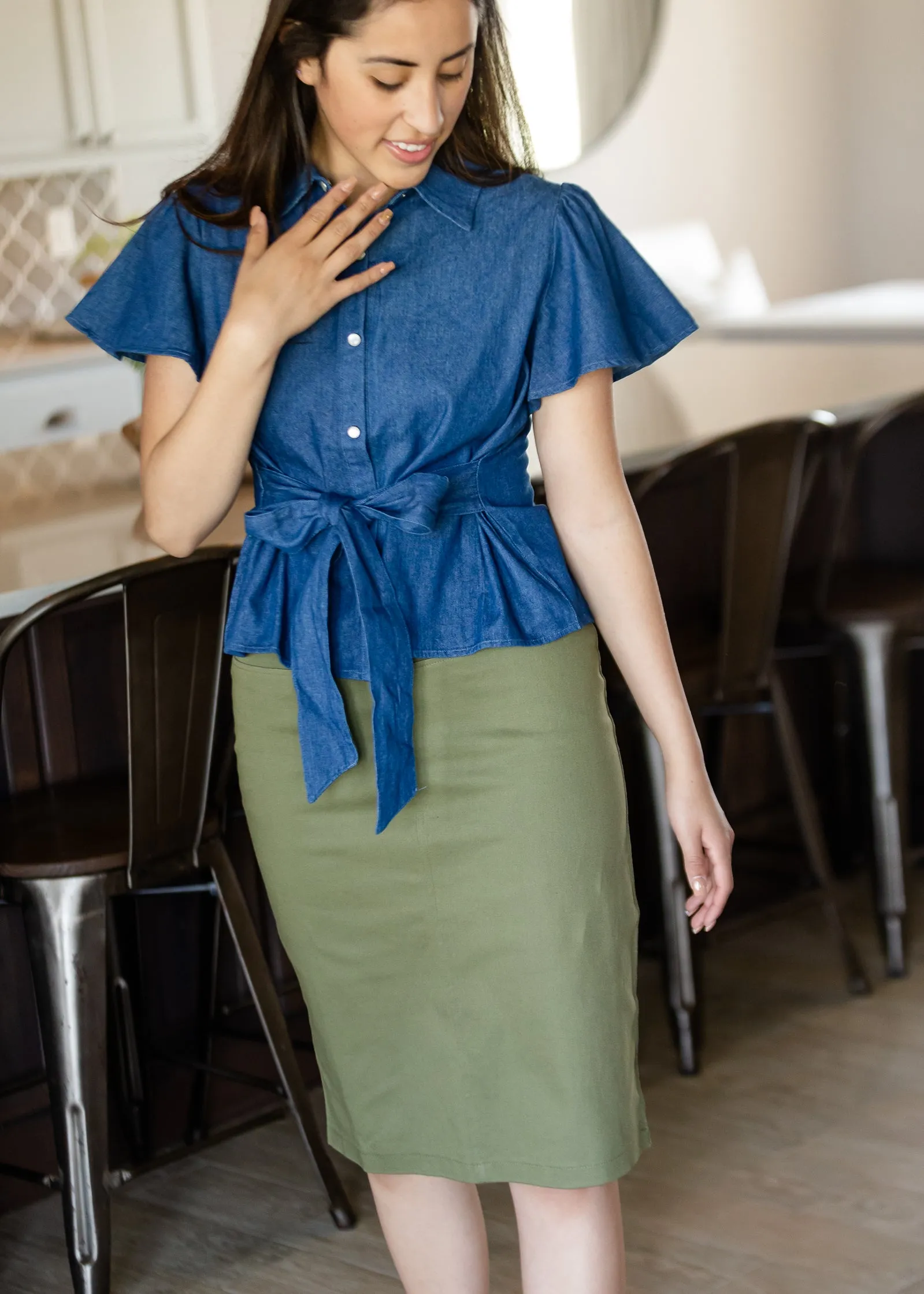 Denim Flutter Sleeve Front Tie Shirt - FINAL SALE