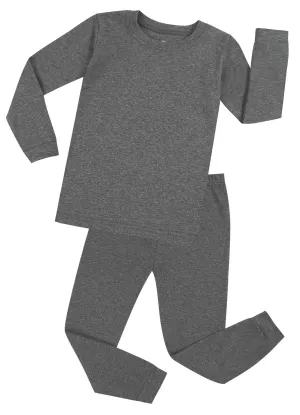 Elowel Boys Girls Grey Solid 2 Piece long sleeve mini dress Pajama Set 100% Cotton (Size 12 Months -12 Years)