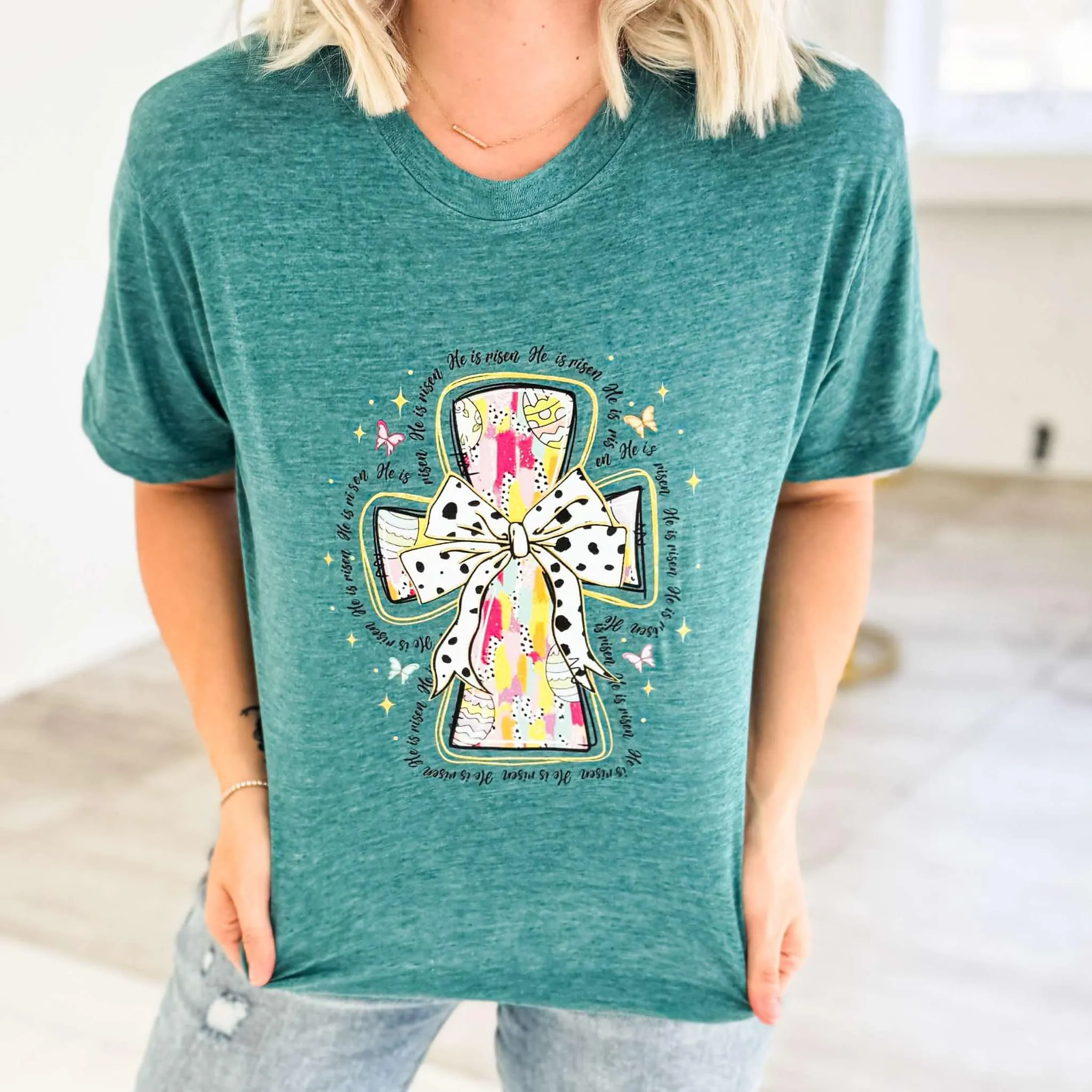 Explore More Collection - He Is Risen Cross Easter Egg Graphic Tee