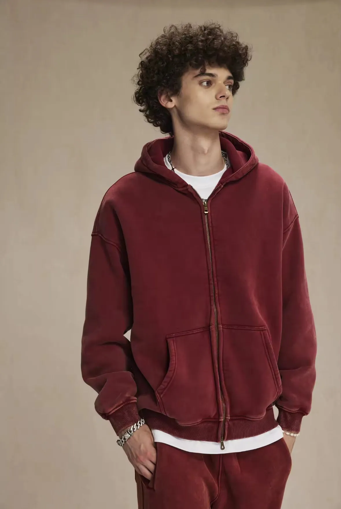 Faded Red Double Zip Up Hoodie