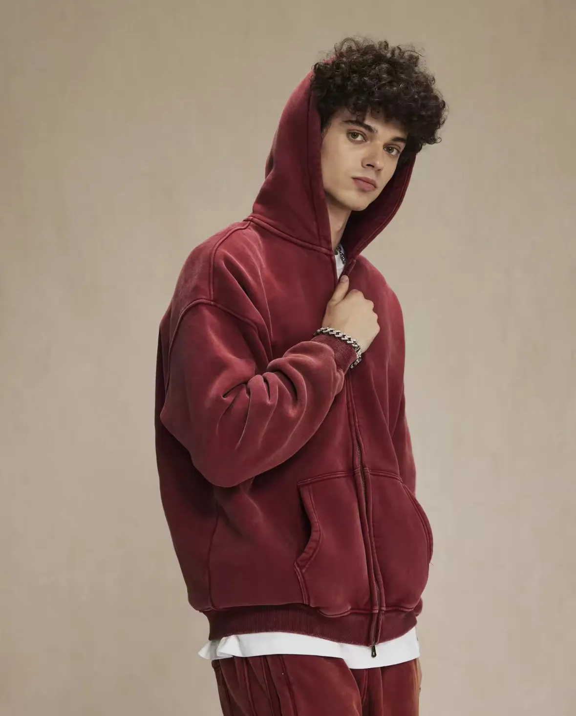 Faded Red Double Zip Up Hoodie