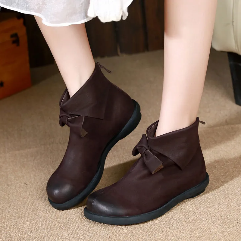 Frosted Comfortable Vintage Bow Leather Boots